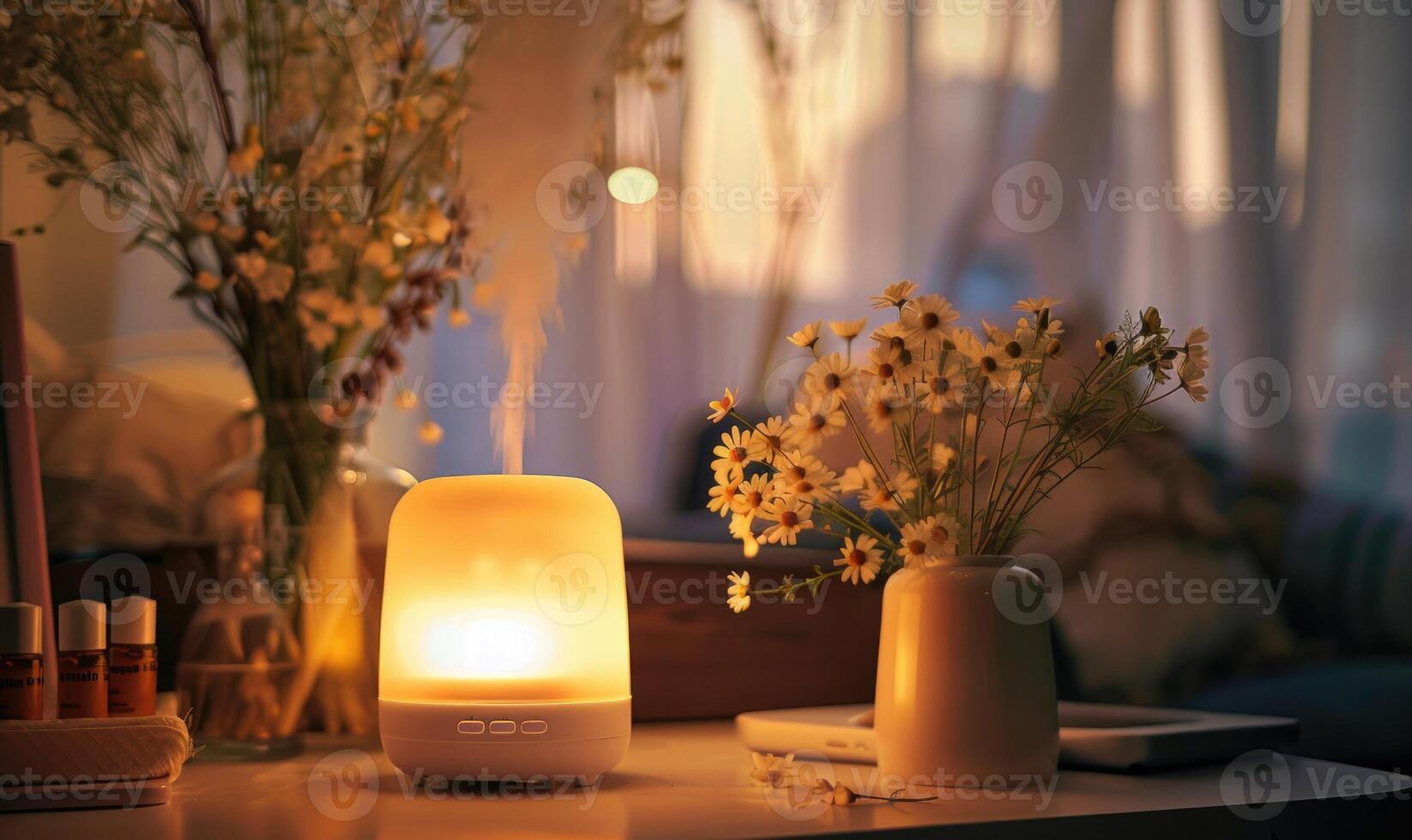 Chamomile essential oil diffuser in a cozy room, aromatherapy photo