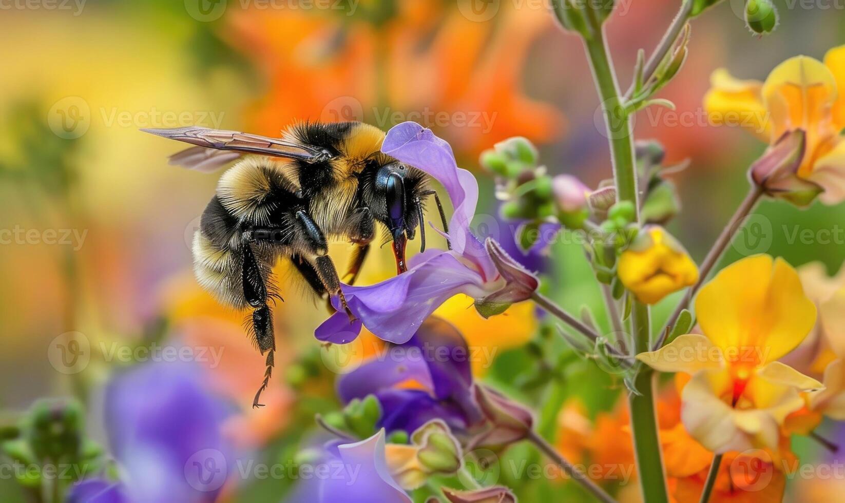 Bumblebee collecting pollen from flowers, closeup view, selective focus photo