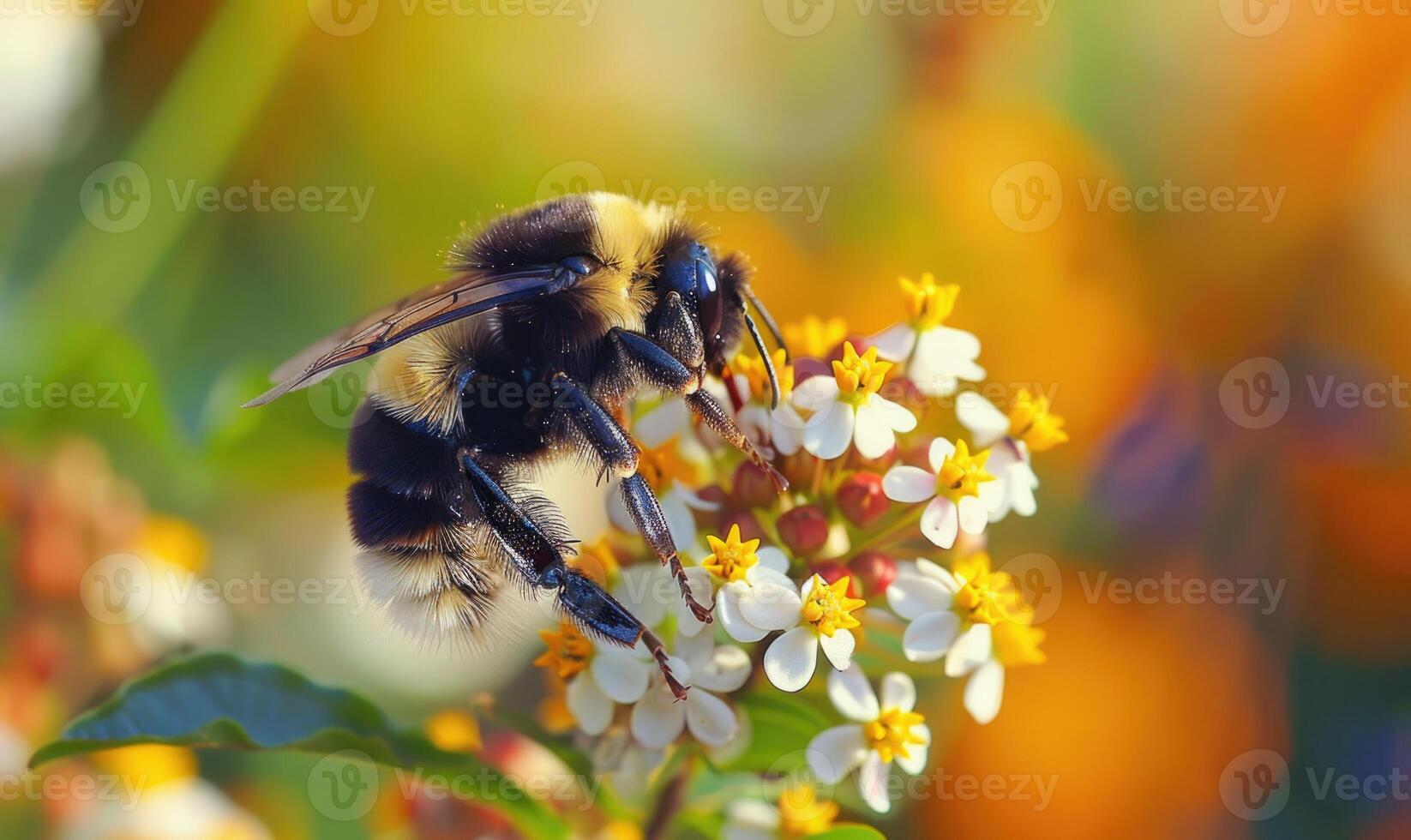 Bumblebee collecting pollen from flowers, closeup view, selective focus photo