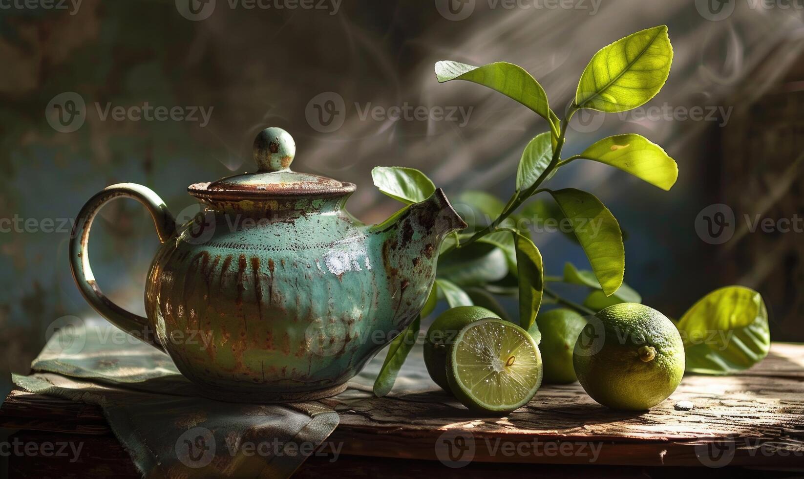 Bergamot tea leaves in a ceramic teapot, ceramic teapot, bergamot leaves and fresh lime still life photo