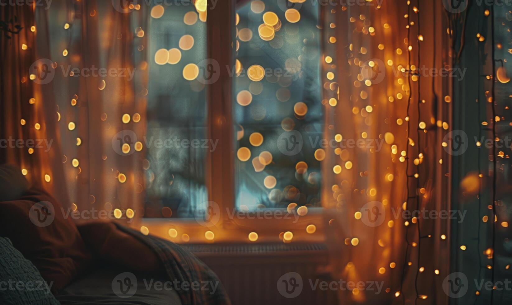 Bokeh lights in warm tones casting a soft glow in a cozy indoor setting photo