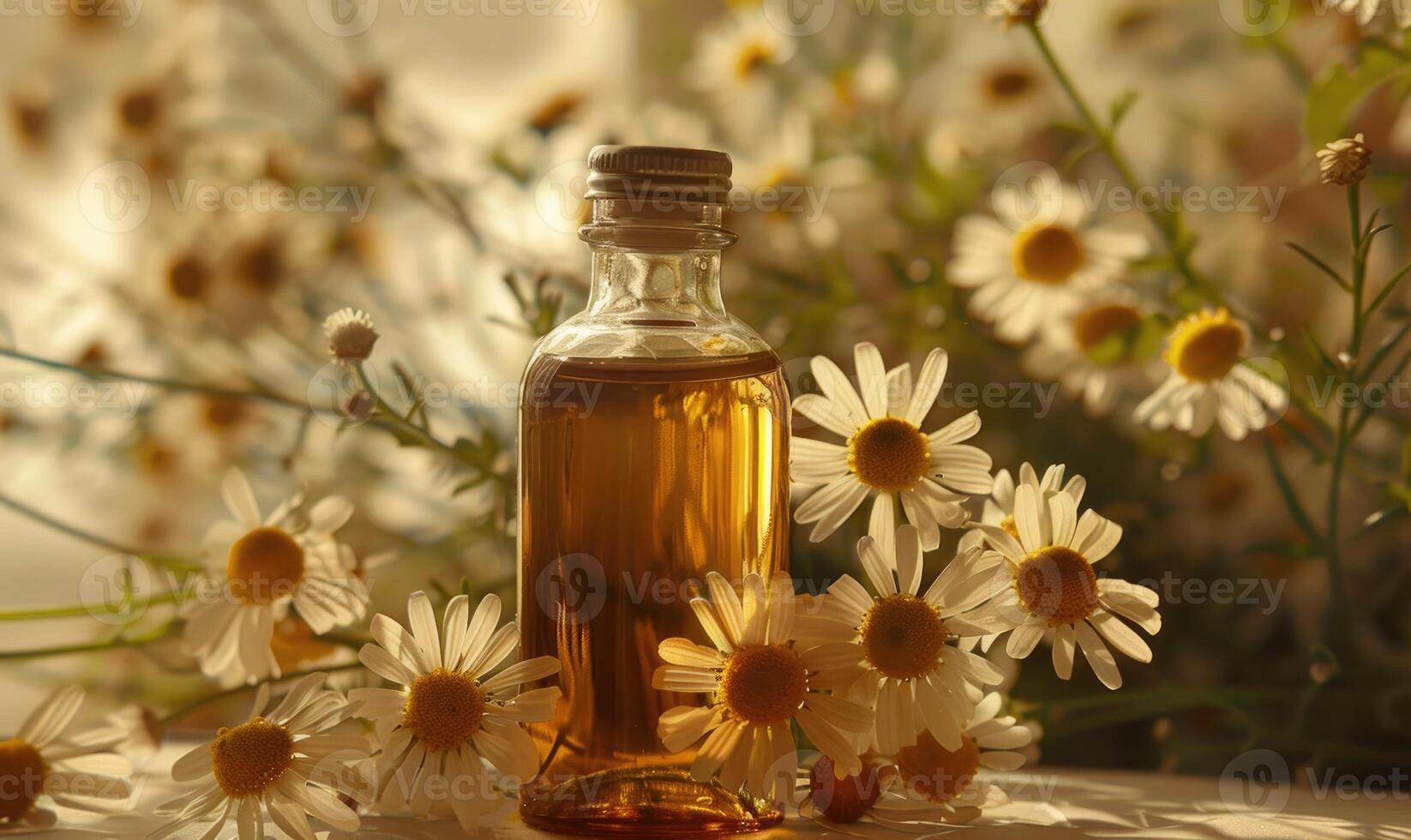 Chamomile essential oil bottle and chamomile flowers closeup, skin care cosmetic concept photo