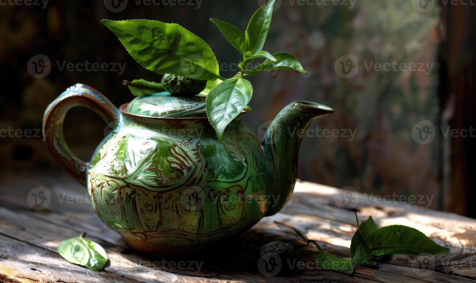 Bergamot tea leaves in a ceramic teapot, ceramic teapot, bergamot leaves still life photo