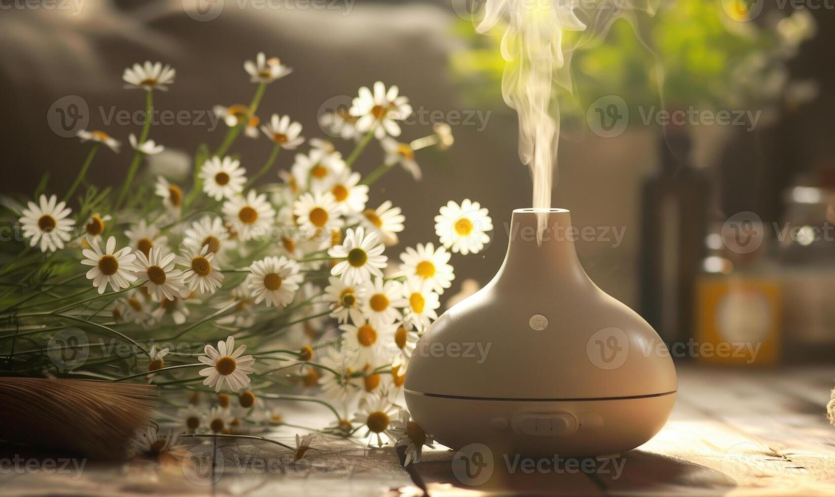Chamomile essential oil diffuser in a cozy room, aromatherapy photo