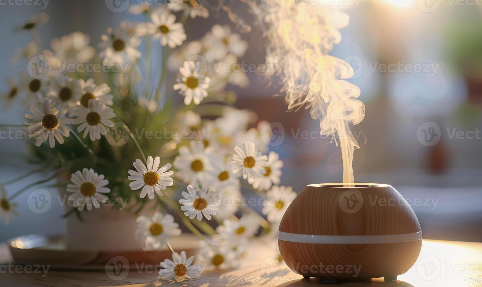 Chamomile essential oil diffuser in a cozy room, aromatherapy photo