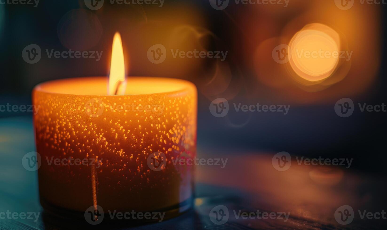 Close-up of a candle's gentle flicker illuminating a serene setting photo