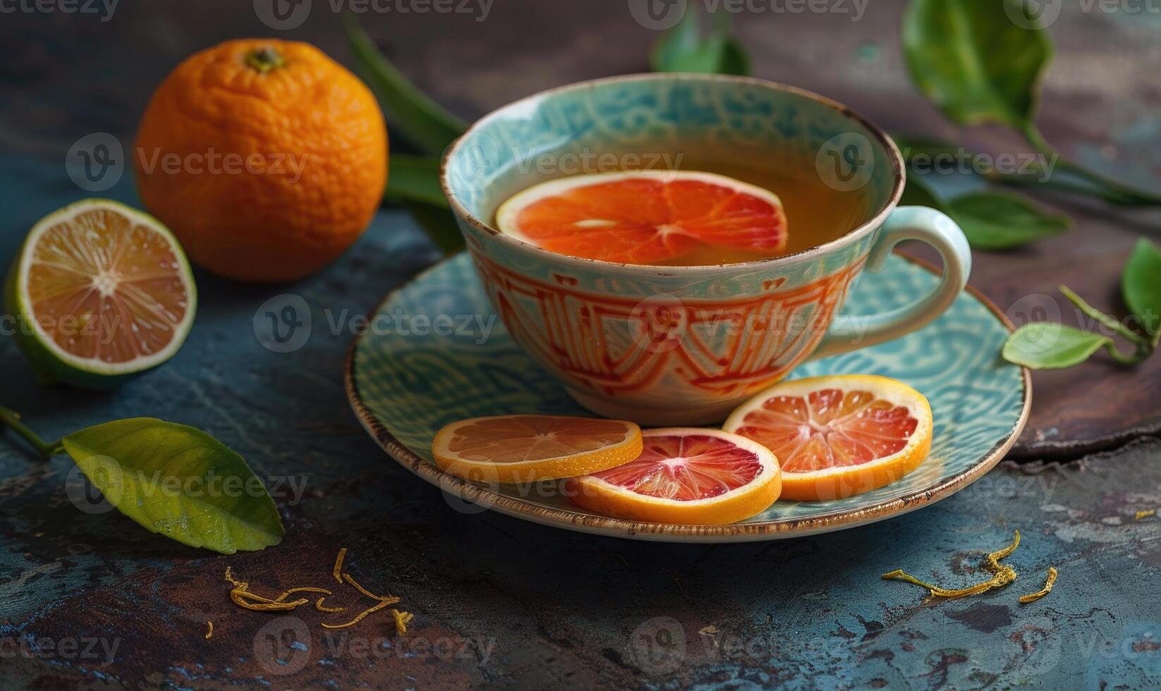 Bergamot tea with fresh citrus fruits slices photo
