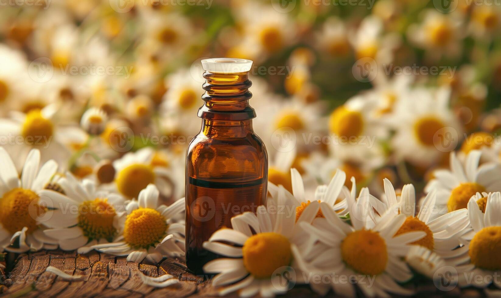 Chamomile essential oil in a dropper bottle, closeup view, skin care cosmetic background photo