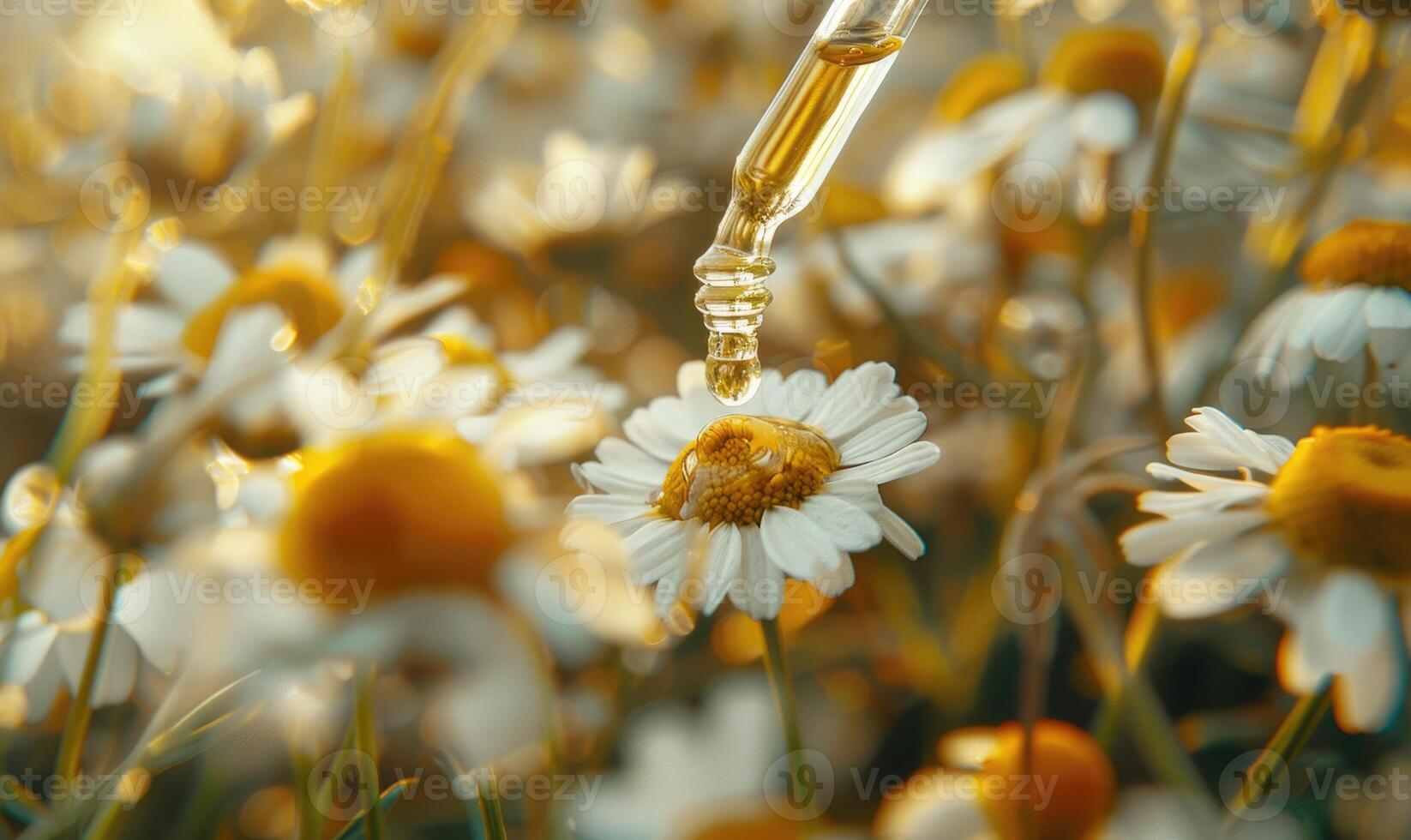 Chamomile essential oil droplets on chamomile flowers, nature beauty background photo