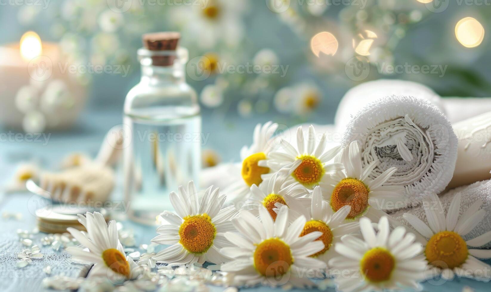 Chamomile essential oil in a dropper bottle, closeup view, skin care cosmetic background photo