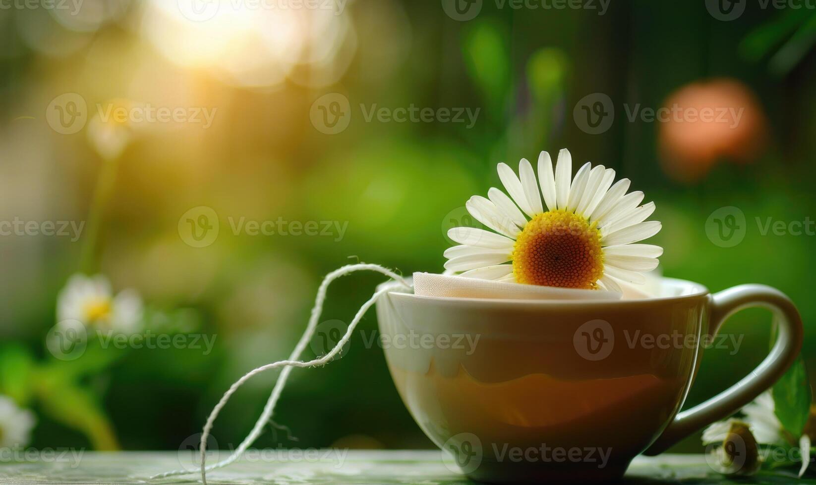 Chamomile tea bag steeping in a cup photo