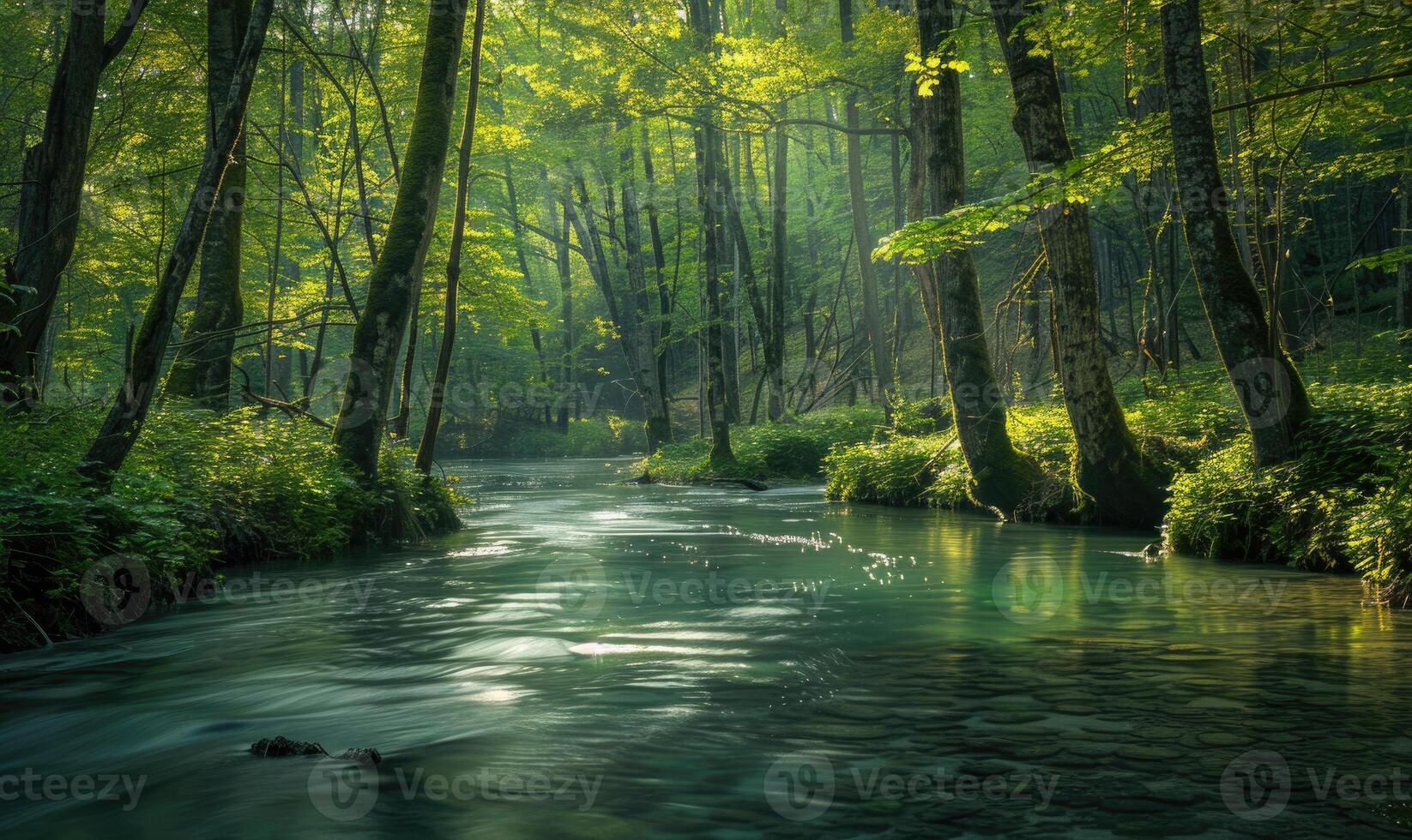 A tranquil riverbank lined with budding trees and vibrant greenery. Spring nature background photo
