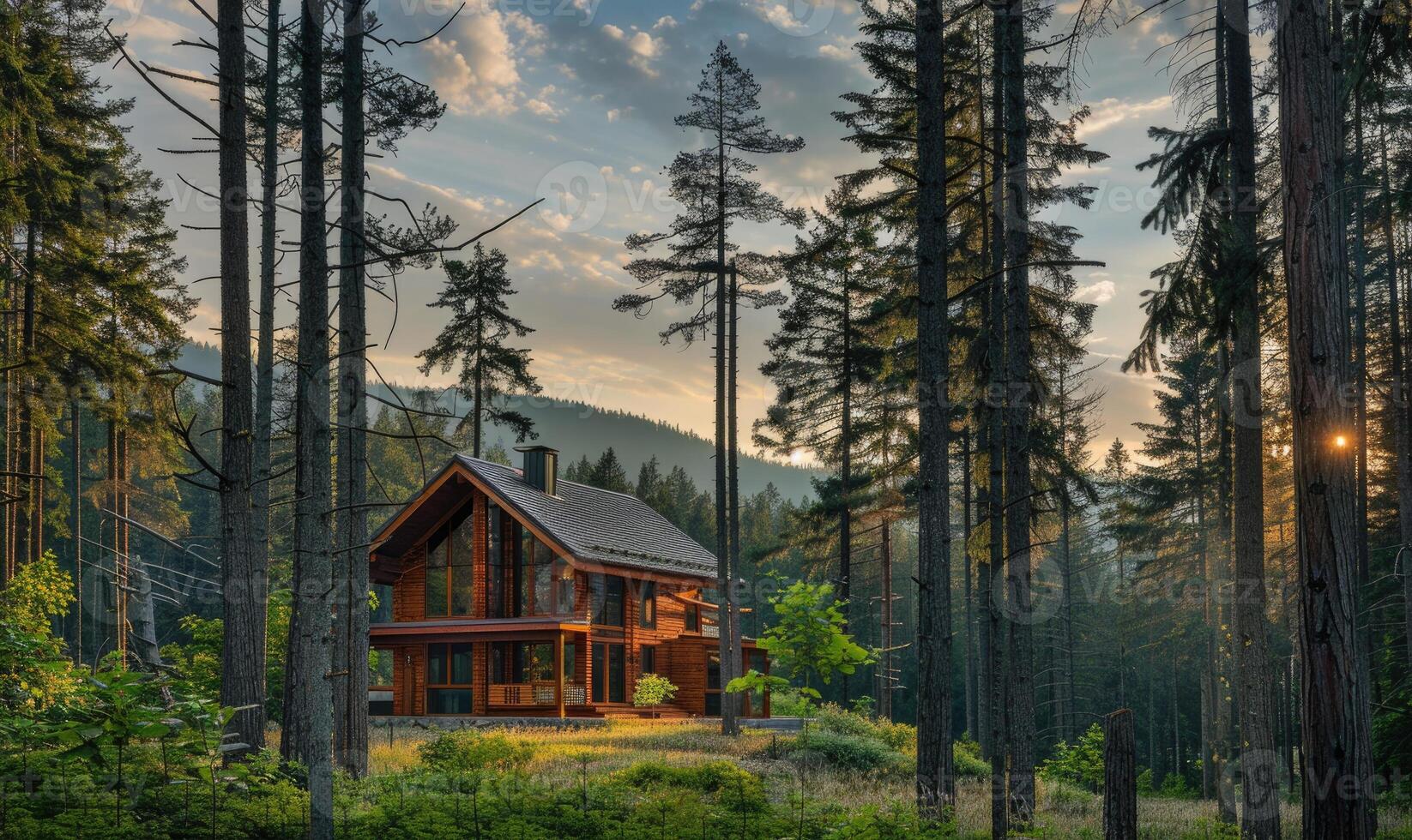 A modern wooden cabin nestled among tall pine trees in the forest photo