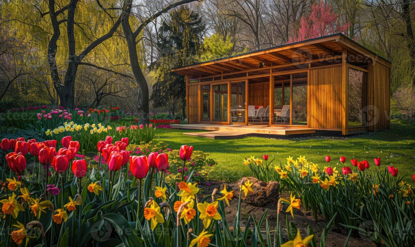 A modern wooden cabin surrounded by blooming tulips and daffodils in a vibrant spring garden photo