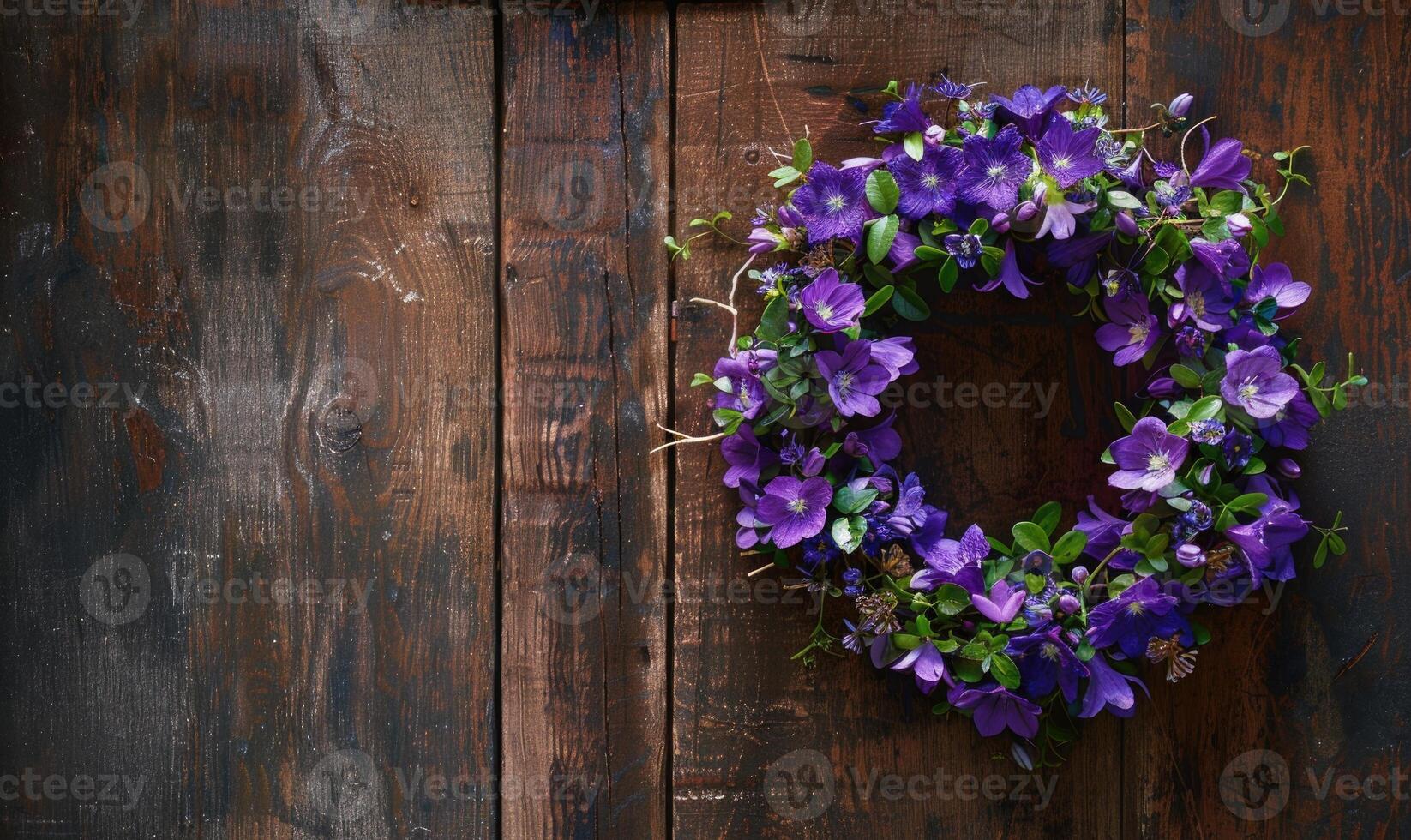 Bellflower wreath on a wooden door photo