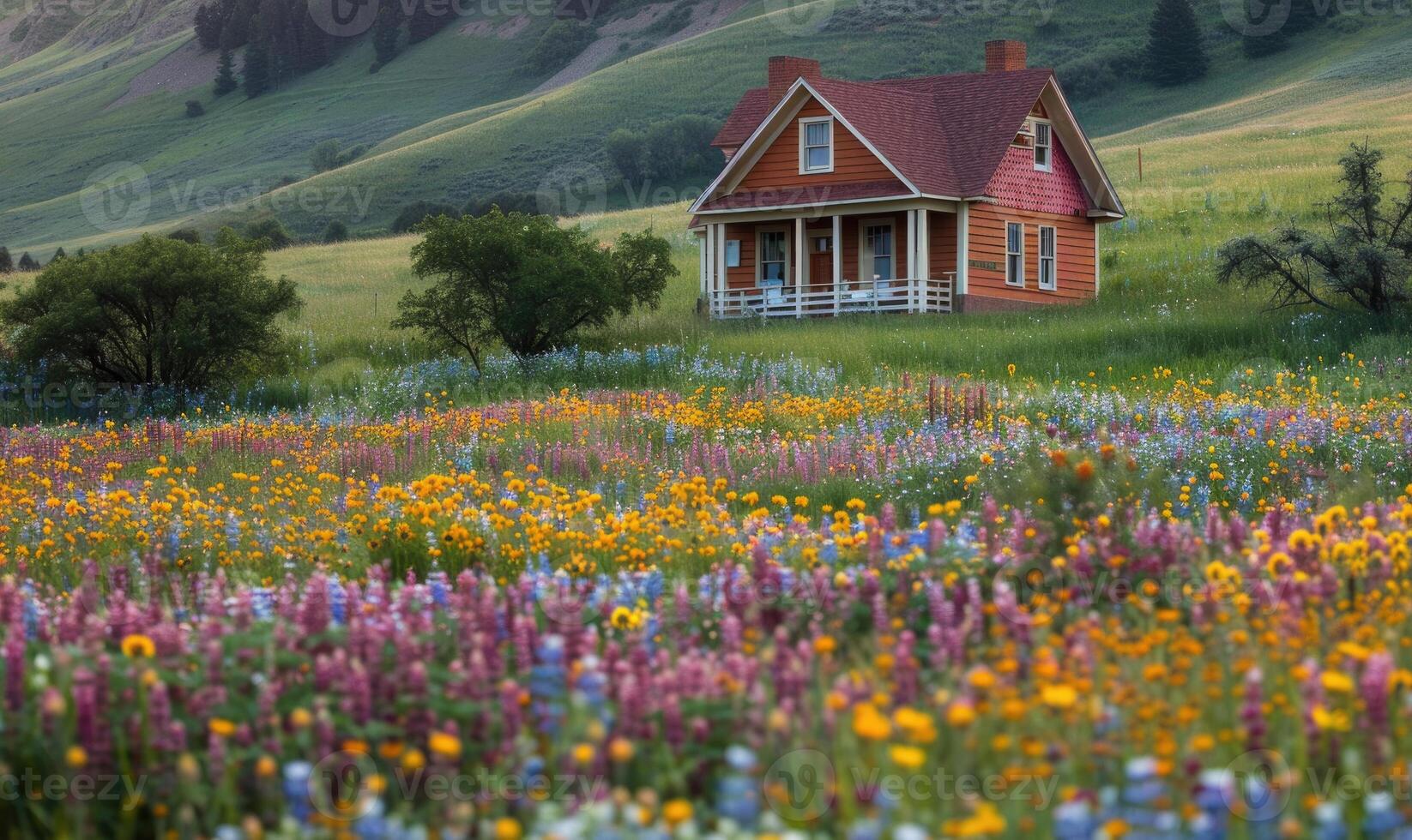 A charming cottage nestled amidst a field of spring wildflowers photo