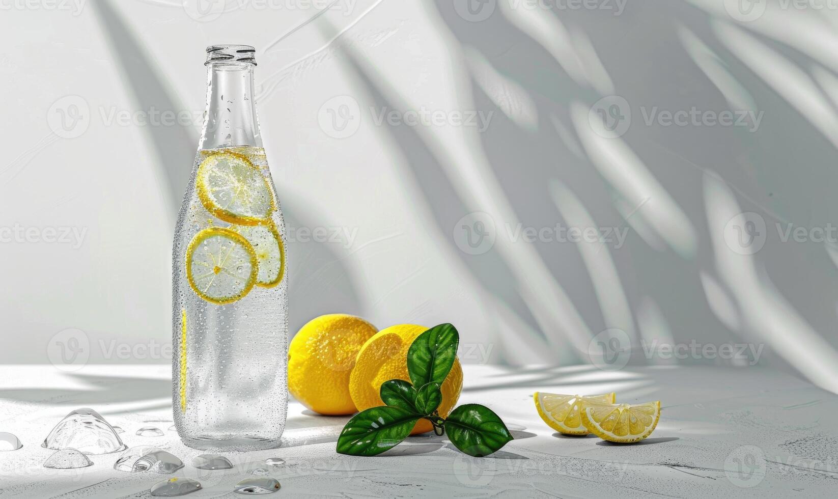 Clear glass bottle mockup filled with refreshing citrus-flavored sparkling water photo