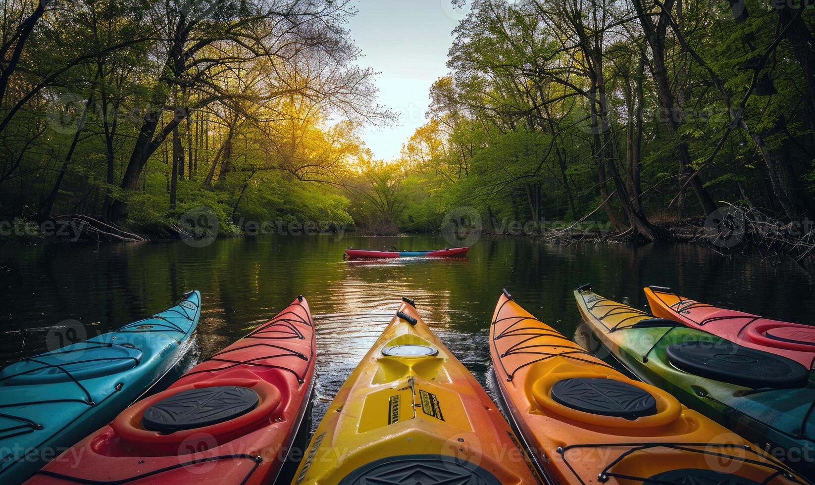A group of colorful kayaks drifting down a spring river photo