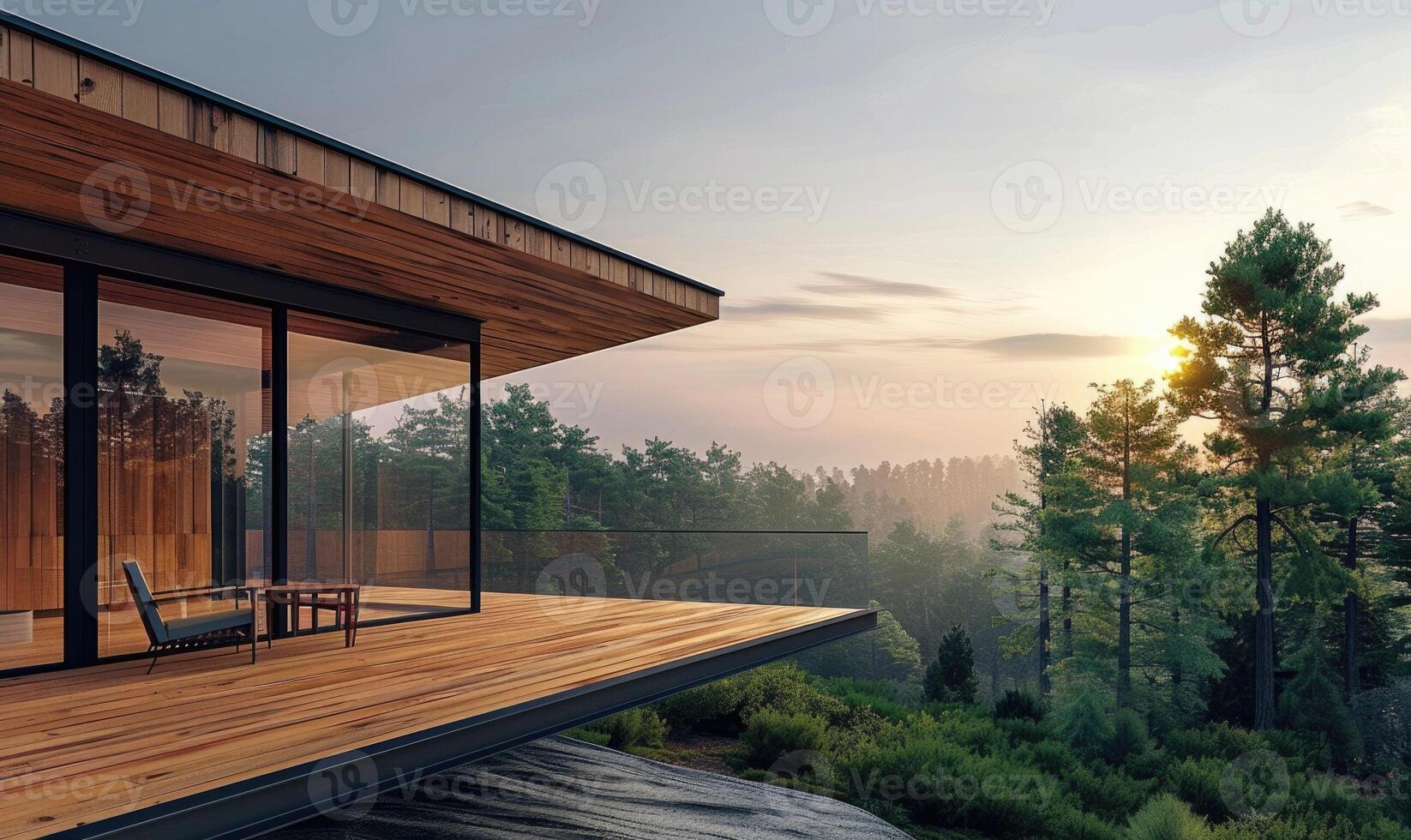A contemporary wooden cabin with large windows overlooking a serene woodland landscape photo