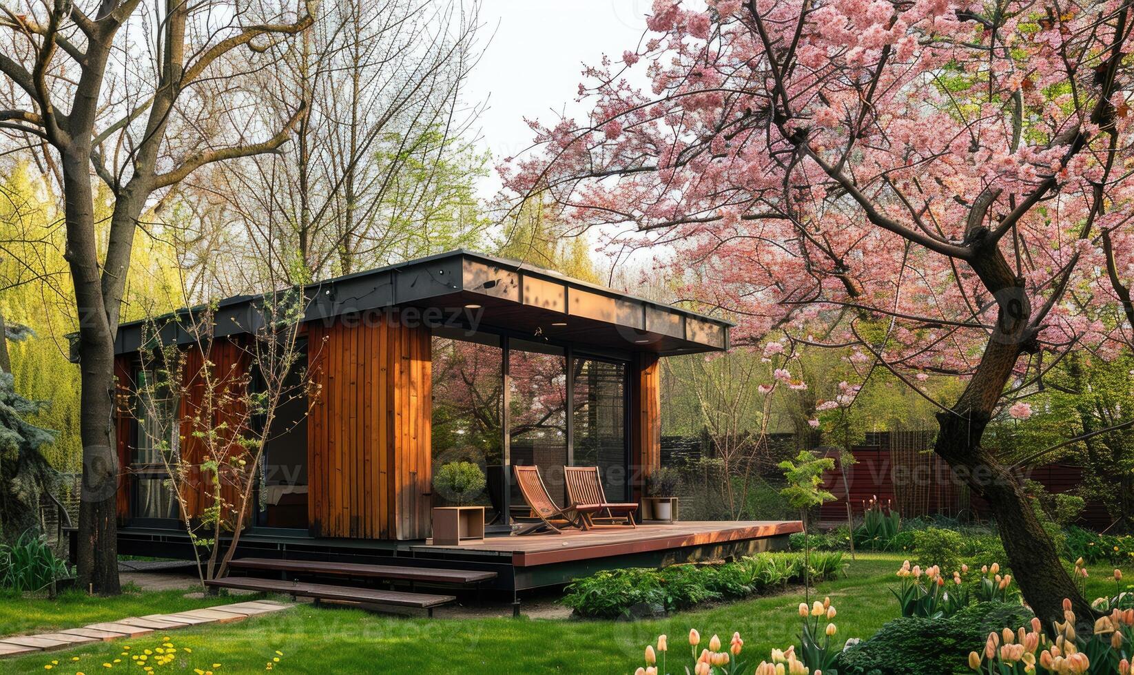 A cozy modern wooden cabin in cherry blossom trees and lush greenery in a spring garden photo