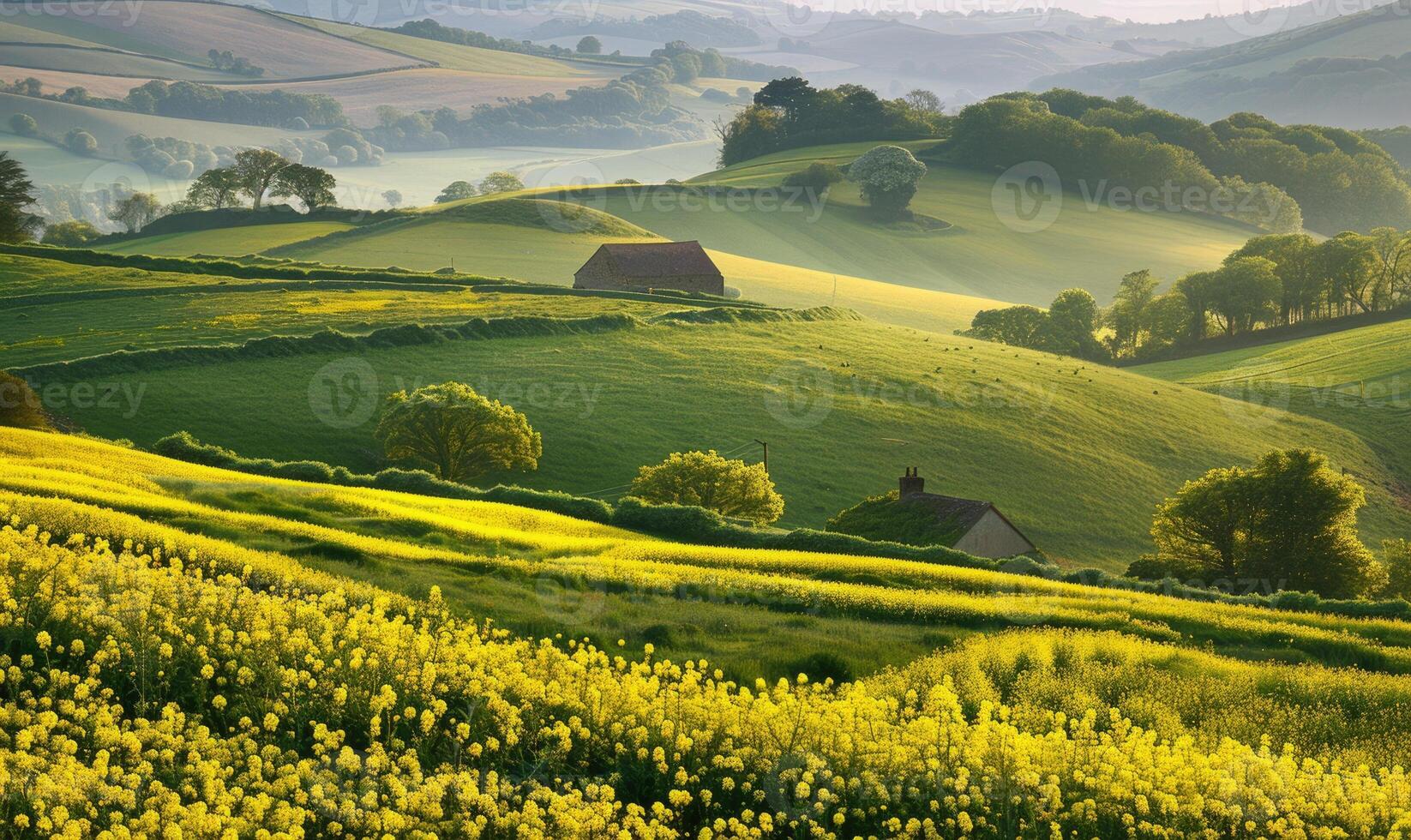 A picturesque countryside scene with rolling hills blanketed in vibrant yellow rapeseed flowers, spring nature, fields and meadows photo