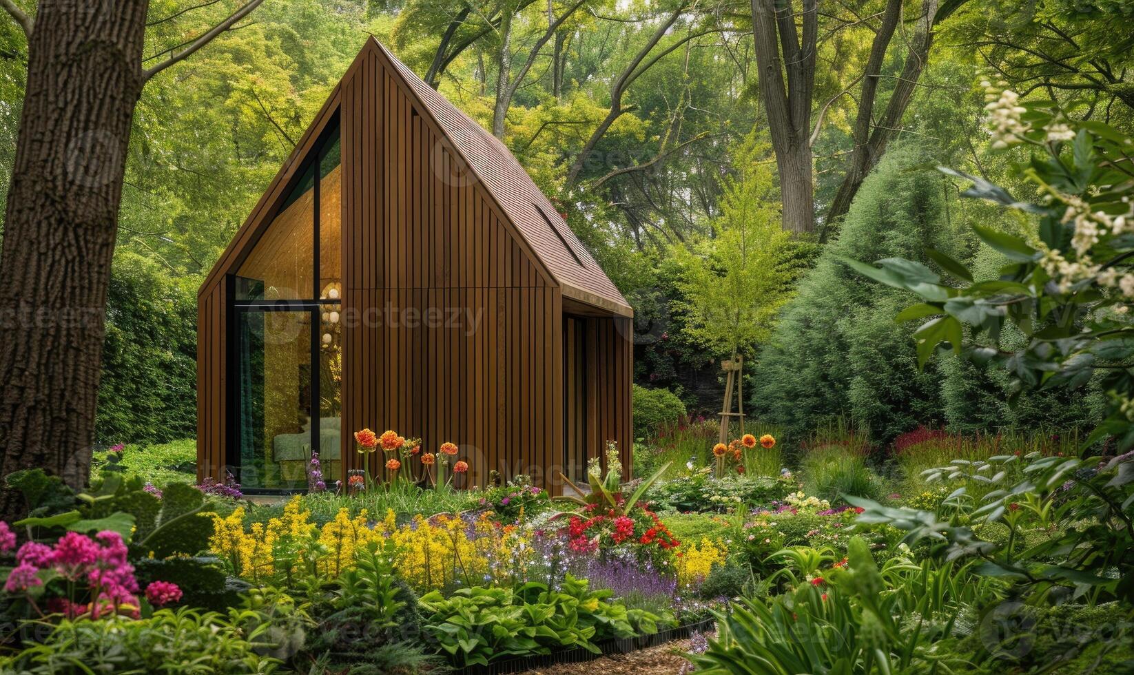 A minimalist modern wooden cabin surrounded by a variety of spring flowers and lush green foliage in a tranquil garden setting photo