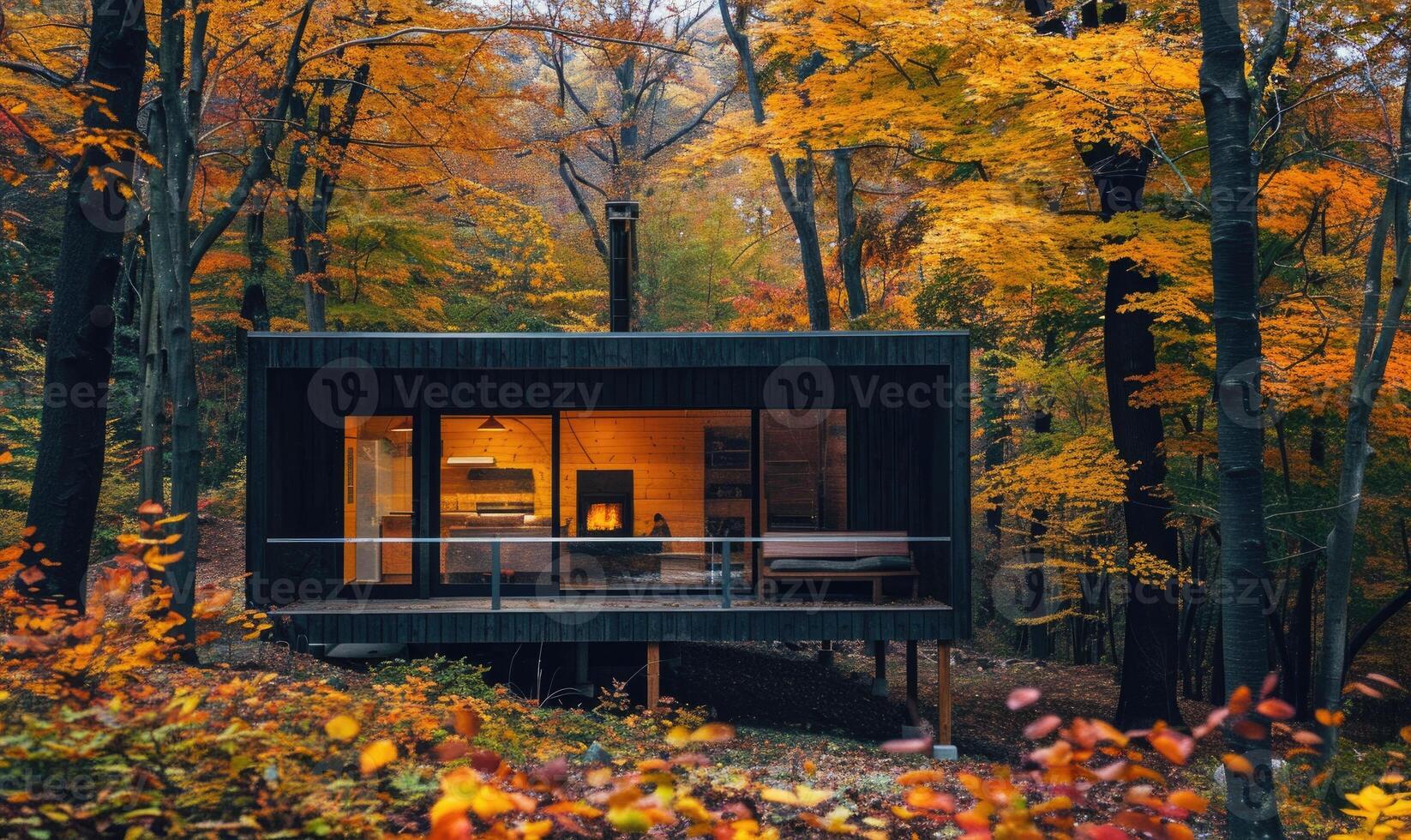 A cozy modern wooden cabin surrounded by colorful autumn foliage photo
