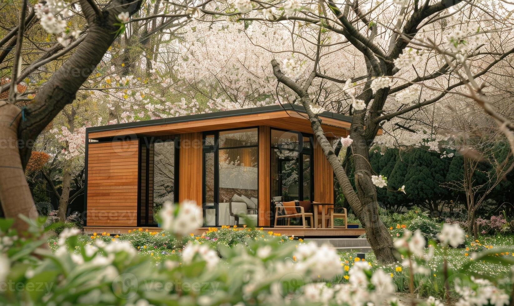 A cozy modern wooden cabin in cherry blossom trees and lush greenery in a spring garden photo