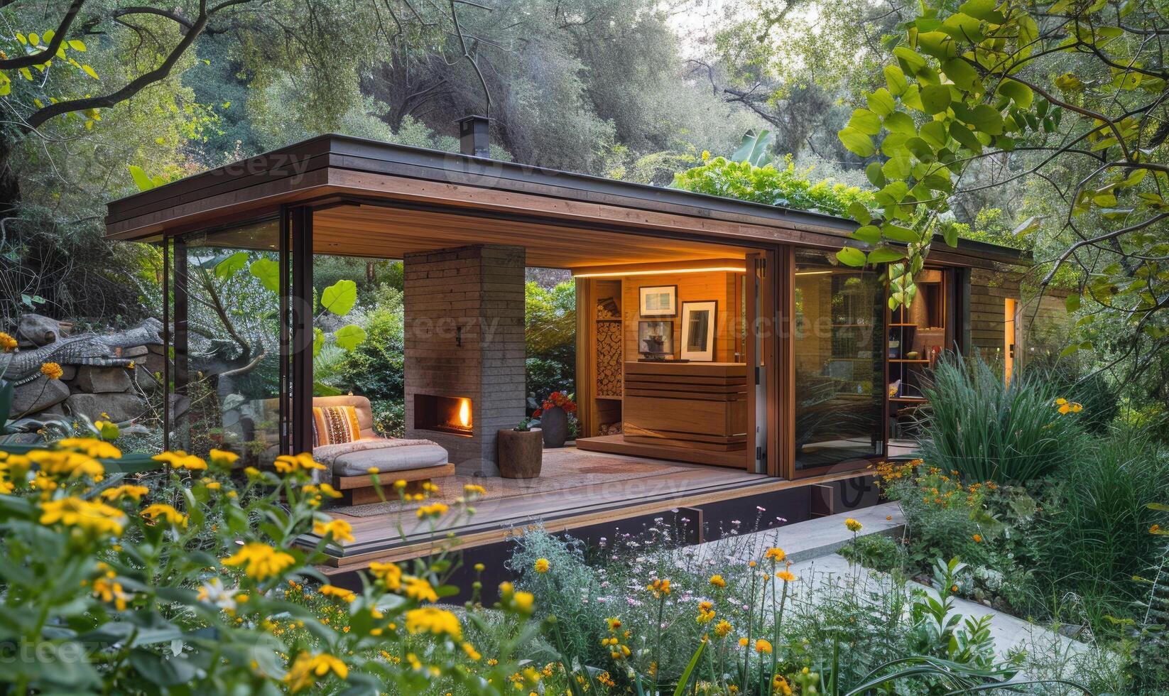 A modern wooden cabin with a cozy fireplace, surrounded by vibrant spring blossoms and lush vegetation in a garden oasis photo