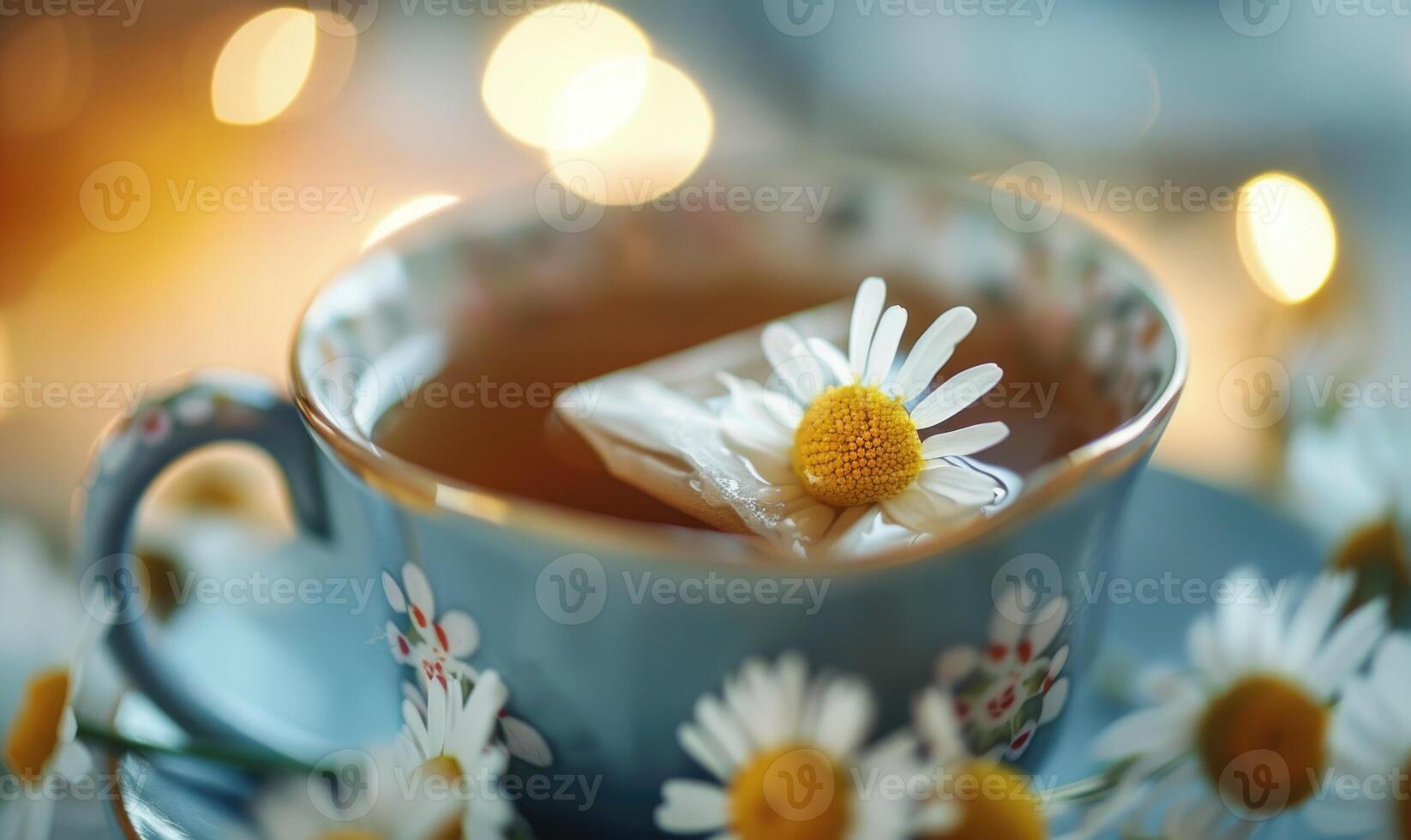 Chamomile tea bag steeping in a cup photo