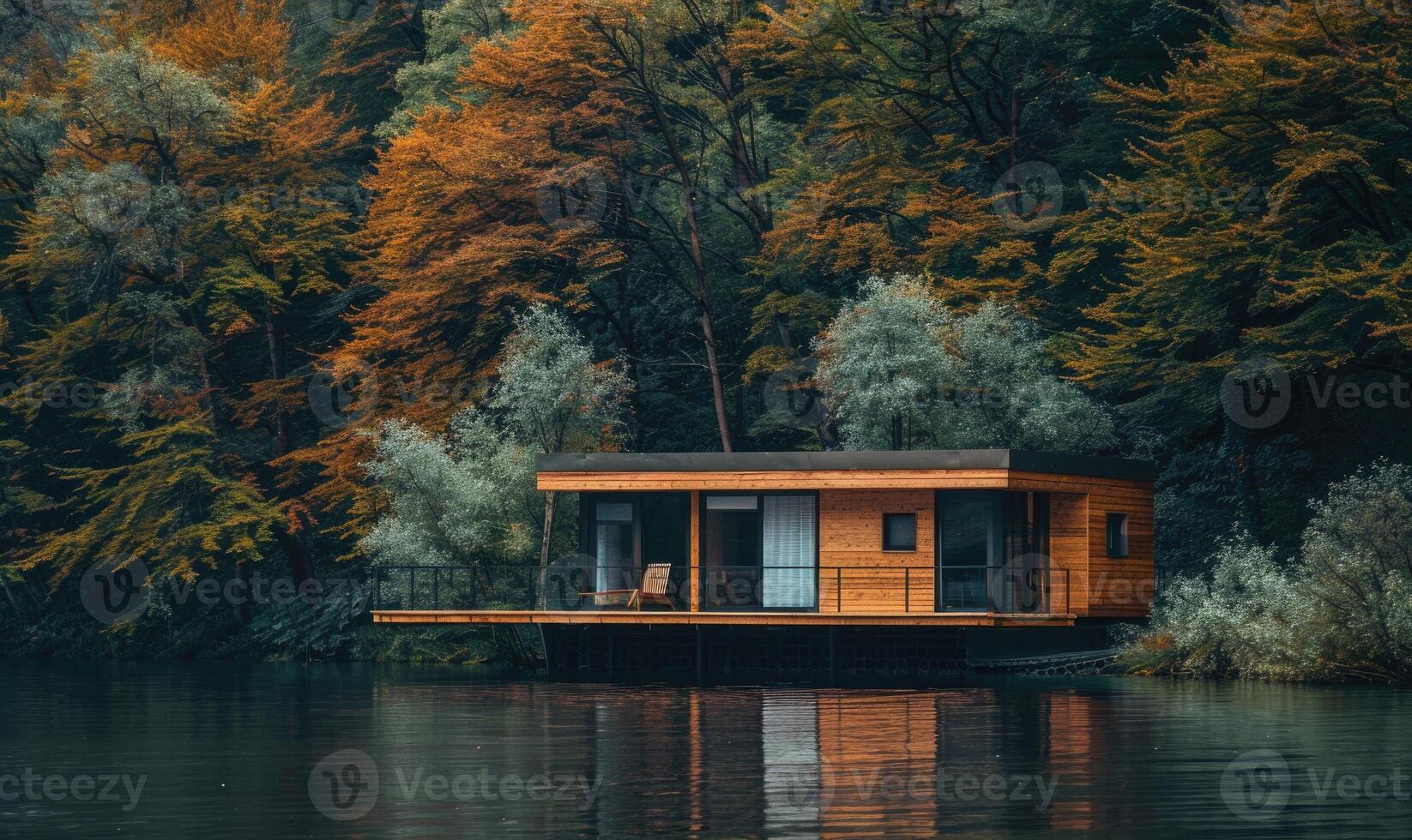 A sleek wooden cabin with a wraparound deck blending seamlessly into the natural surroundings photo