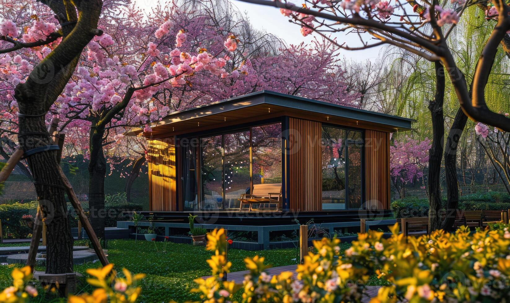 A cozy modern wooden cabin in cherry blossom trees and lush greenery in a spring garden photo