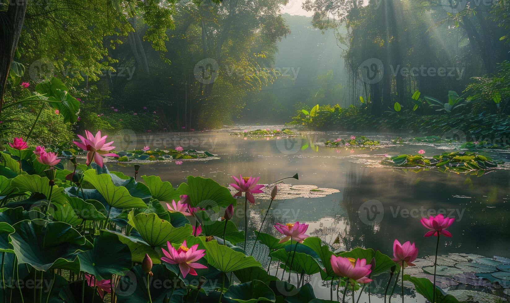 A serene pond surrounded by blooming pink lotus flowers and lush green foliage photo