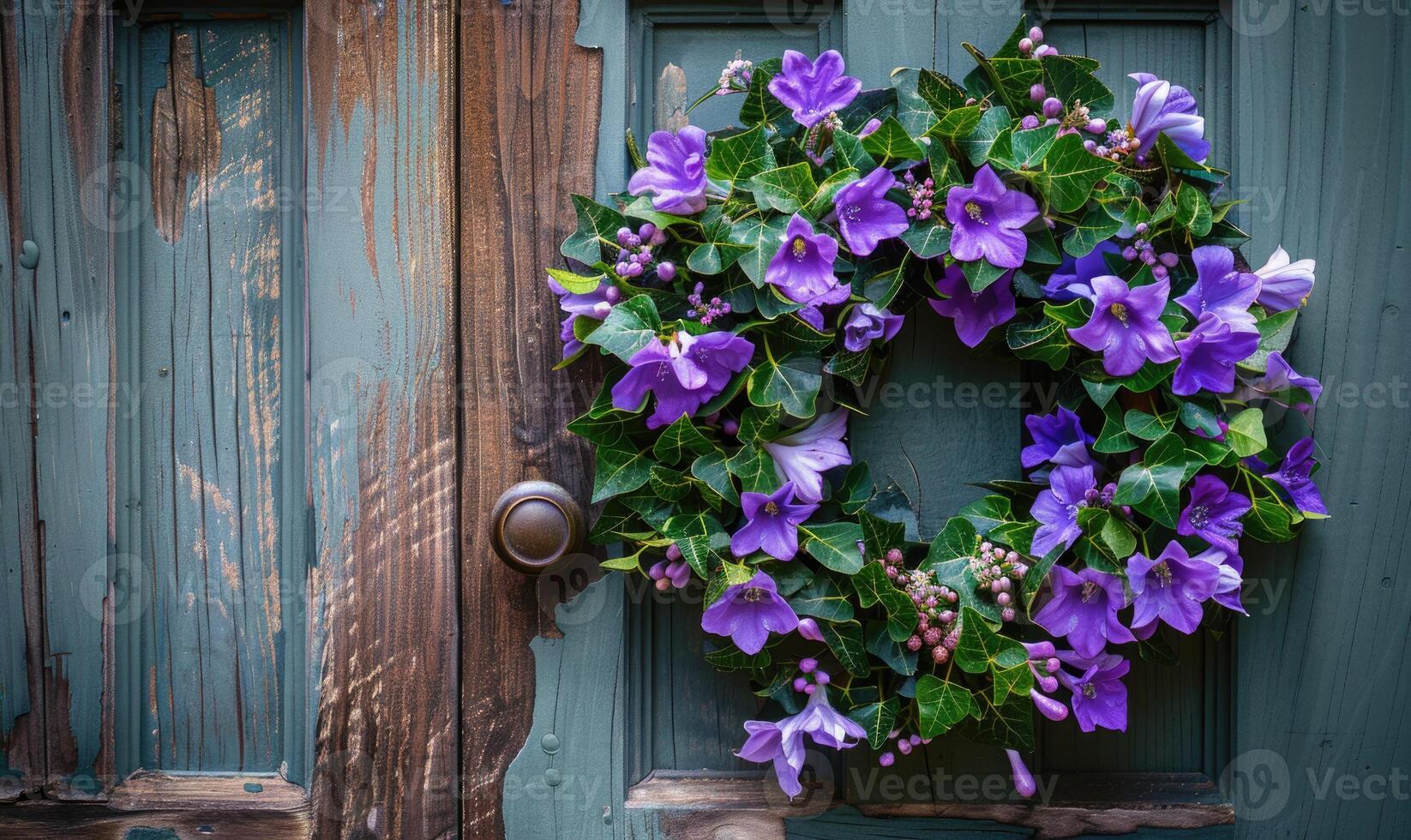 Bellflower wreath on a wooden door photo