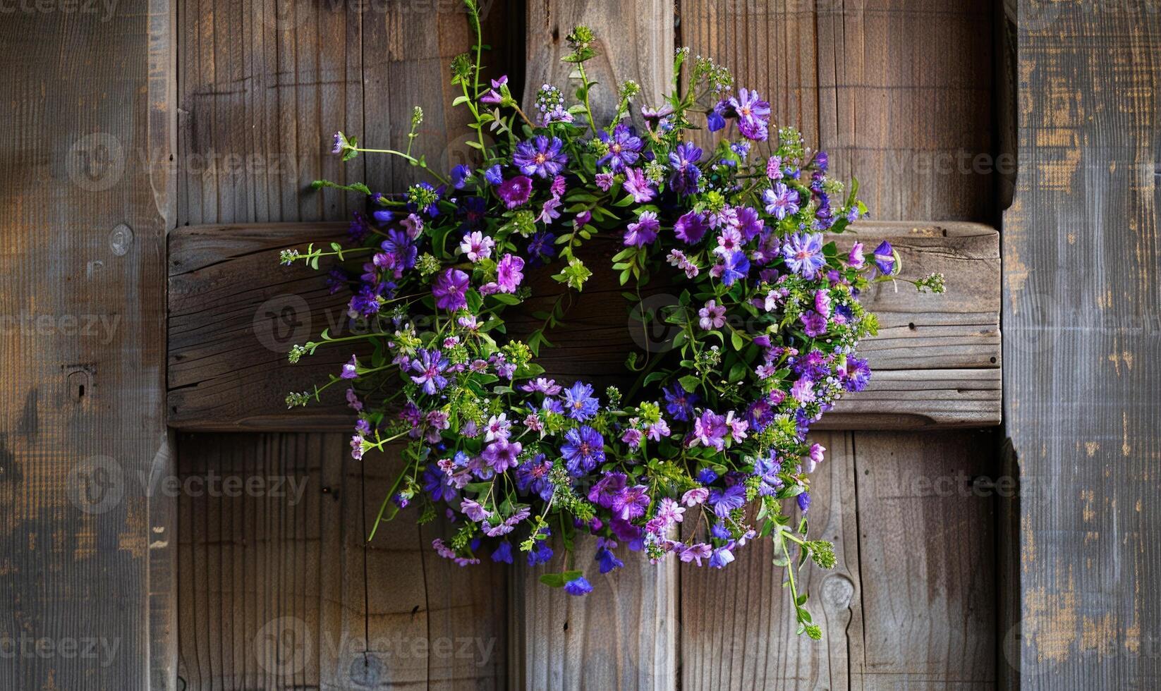 Bellflower wreath on a wooden door photo