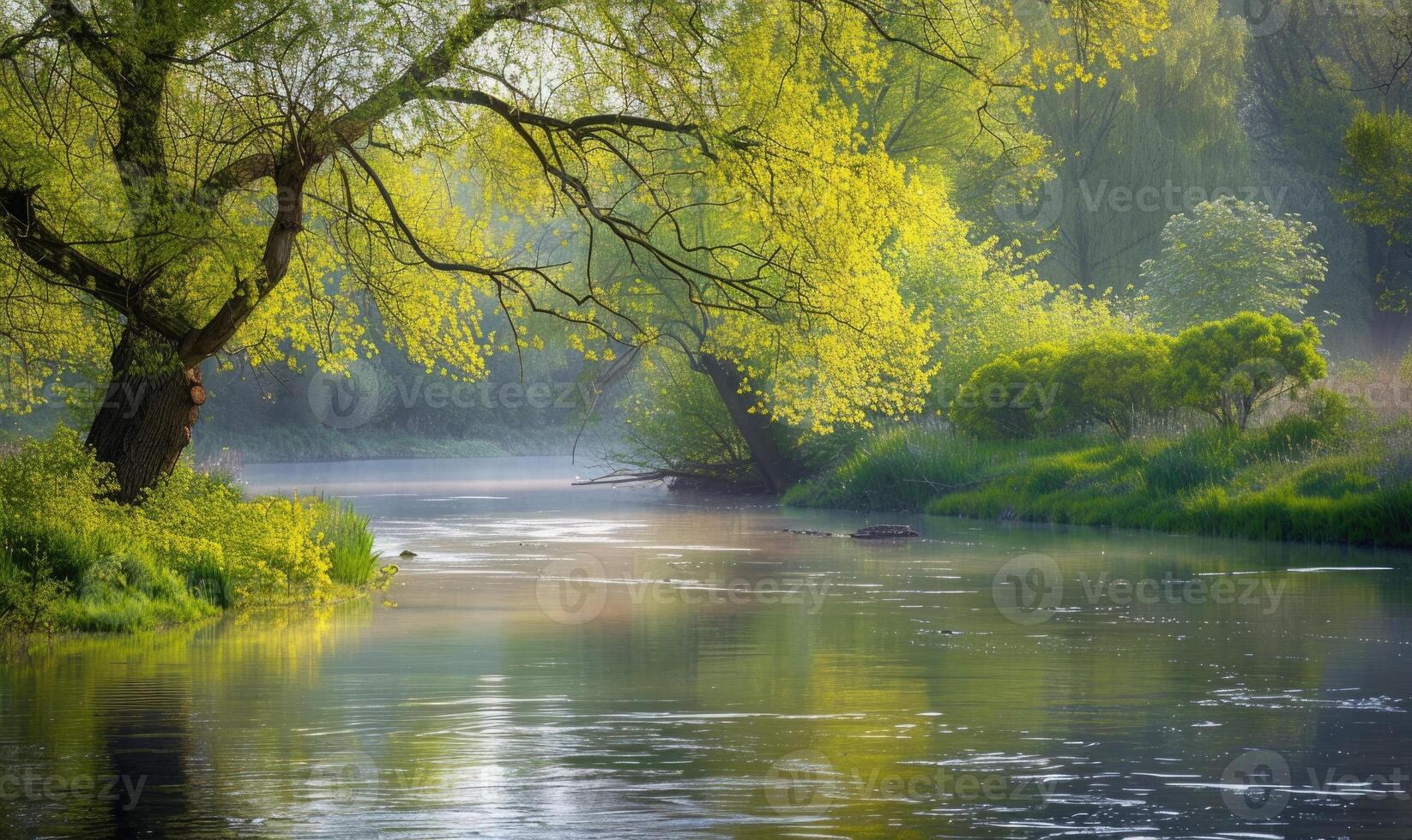 A tranquil riverbank lined with budding trees and vibrant greenery. Spring nature background photo