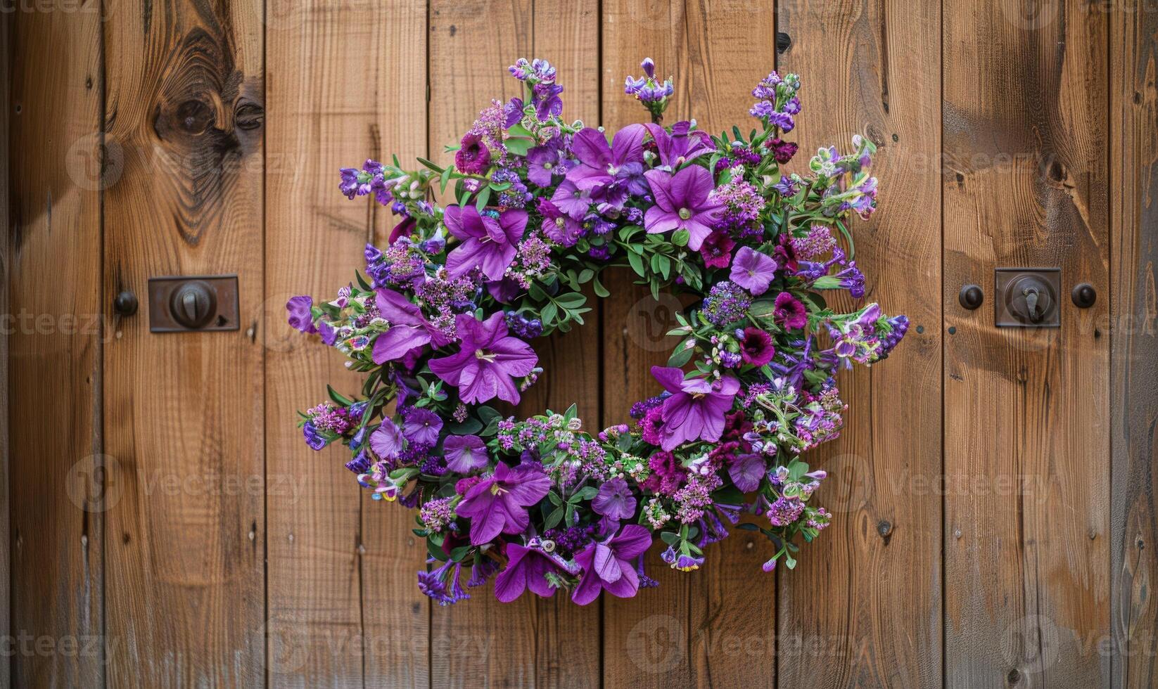 Bellflower wreath on a wooden door photo