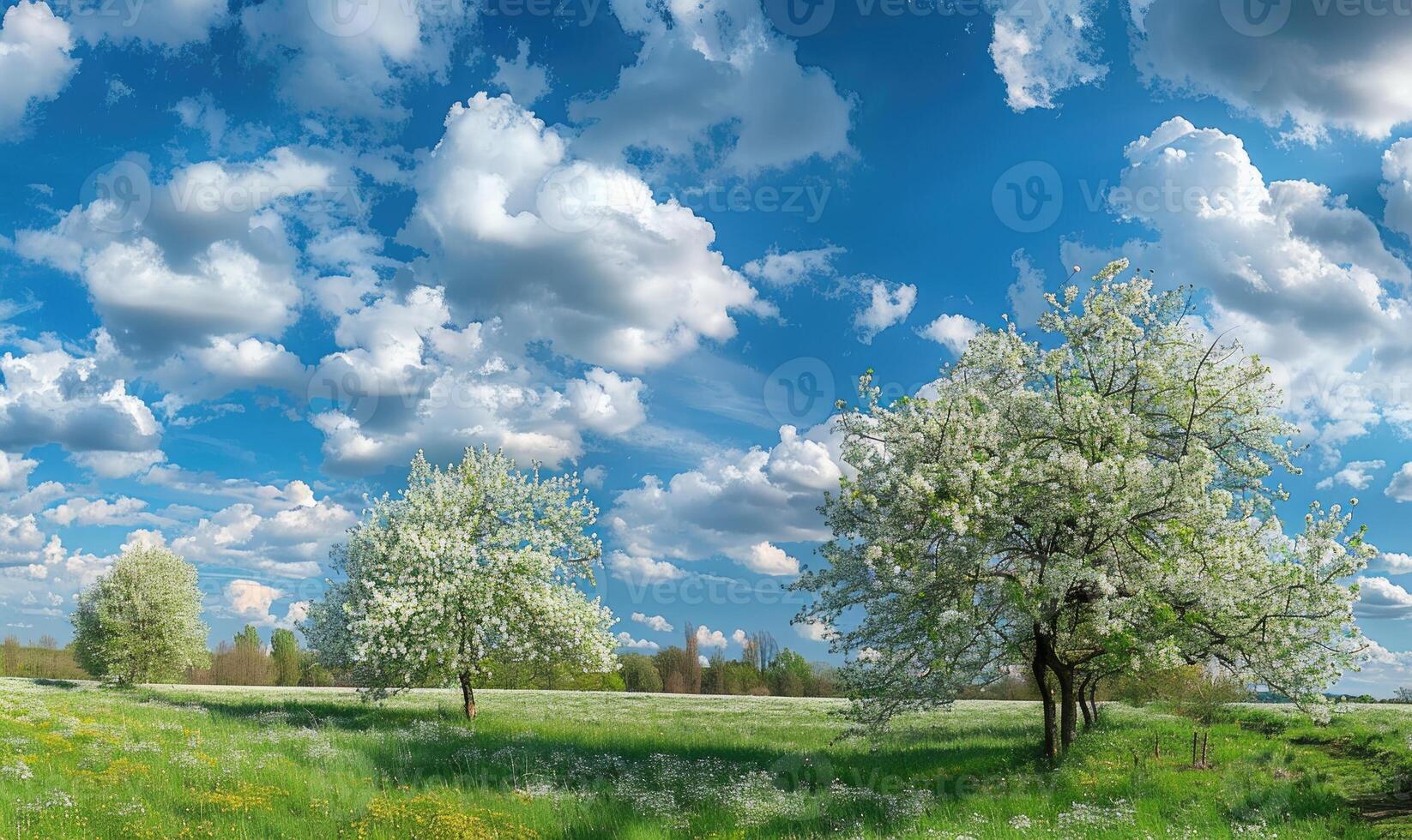 Blue skies over a blooming orchard photo