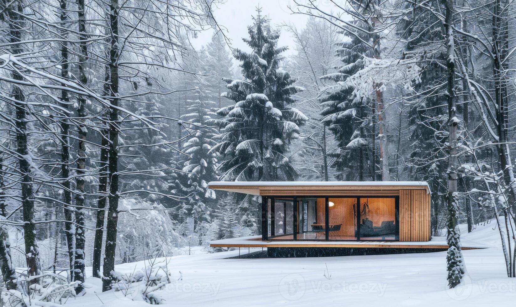 un minimalista moderno de madera cabina rodeado por cubierto de nieve arboles en el invierno bosque foto