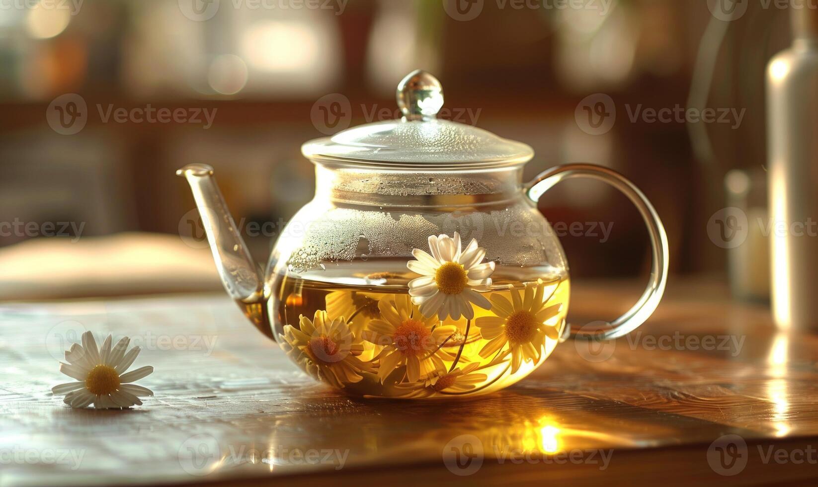 Chamomile tea being brewed in a glass teapot photo