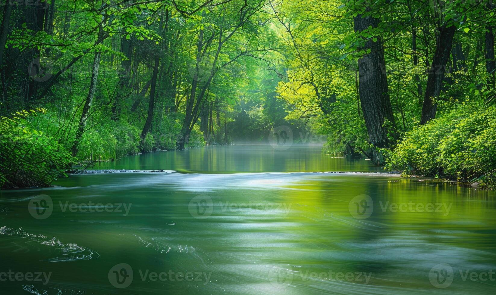 A tranquil riverbank lined with budding trees and vibrant greenery. Spring nature background photo