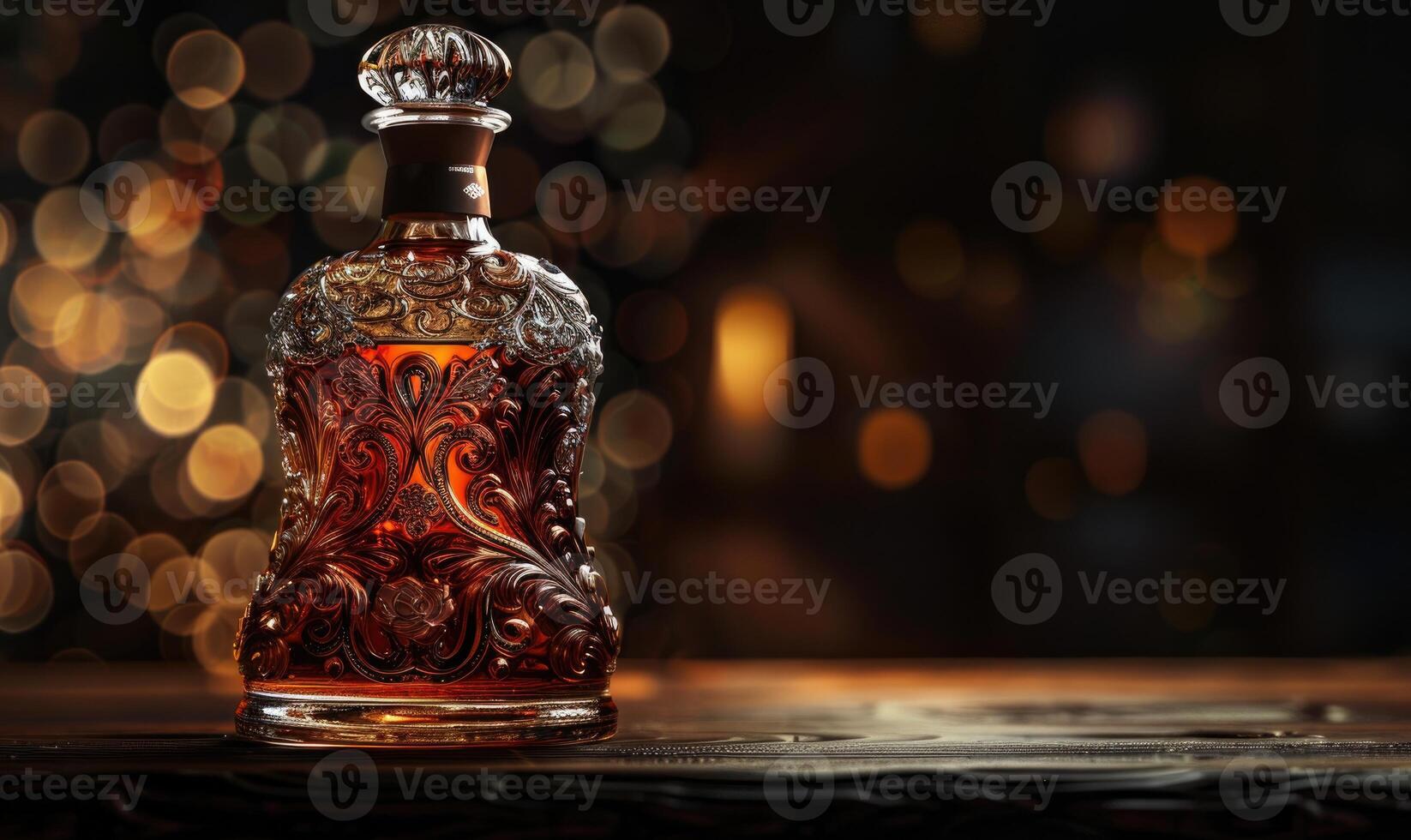 Studio shot of a premium glass bottle mockup containing a luxurious handcrafted whiskey, warm amber hue photo