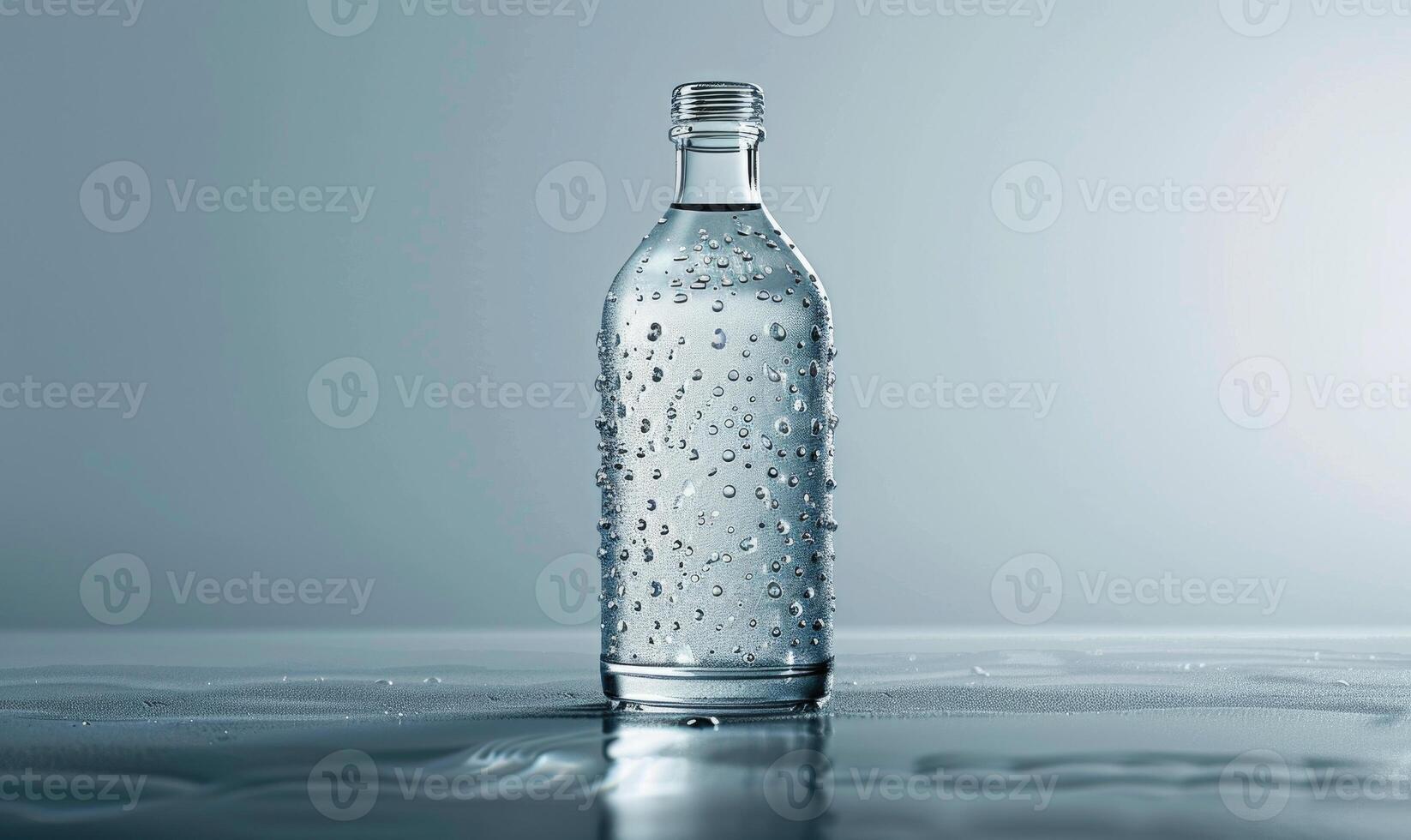 Studio shot of a crystal clear glass bottle mockup showcasing a premium quality mineral water, with droplets condensing on the surface photo