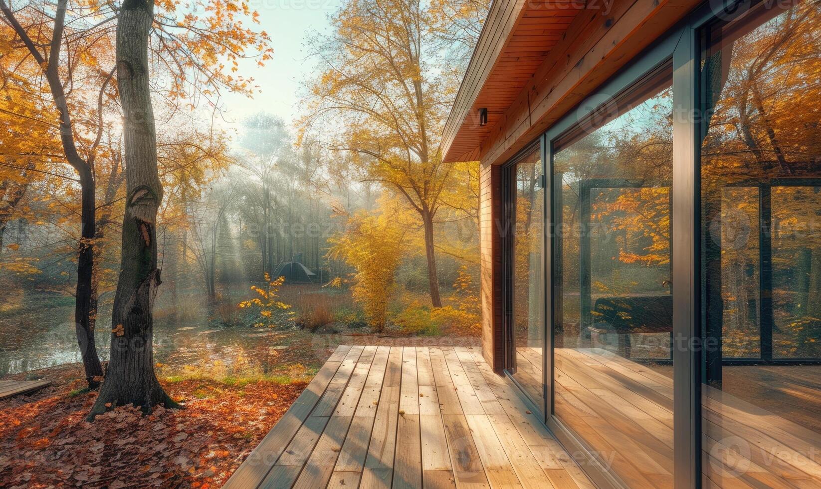 A contemporary wooden cabin with large windows overlooking a serene woodland landscape photo