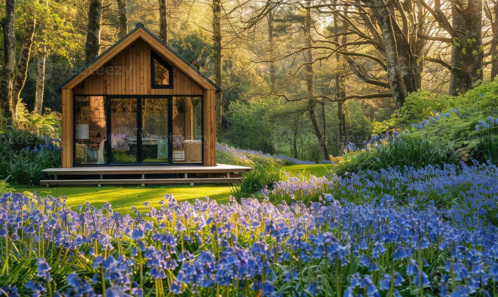 un sereno moderno de madera cabina rodeado por un lozano alfombra de campanillas y nomeolvides en un pacífico primavera jardín foto