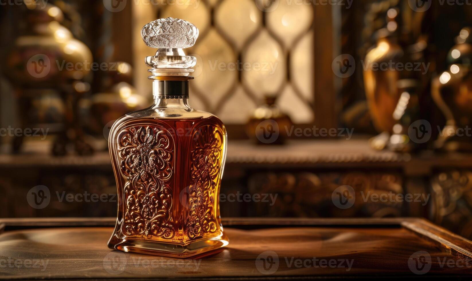 Studio shot of a premium glass bottle mockup containing a luxurious handcrafted whiskey, warm amber hue photo