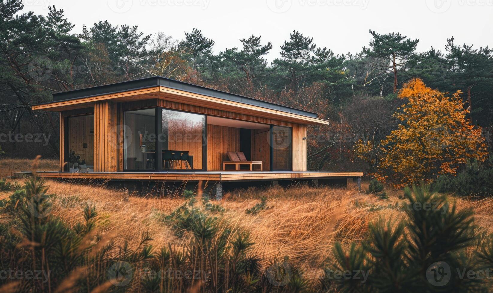 A sleek wooden cabin with a wraparound deck blending seamlessly into the natural surroundings photo