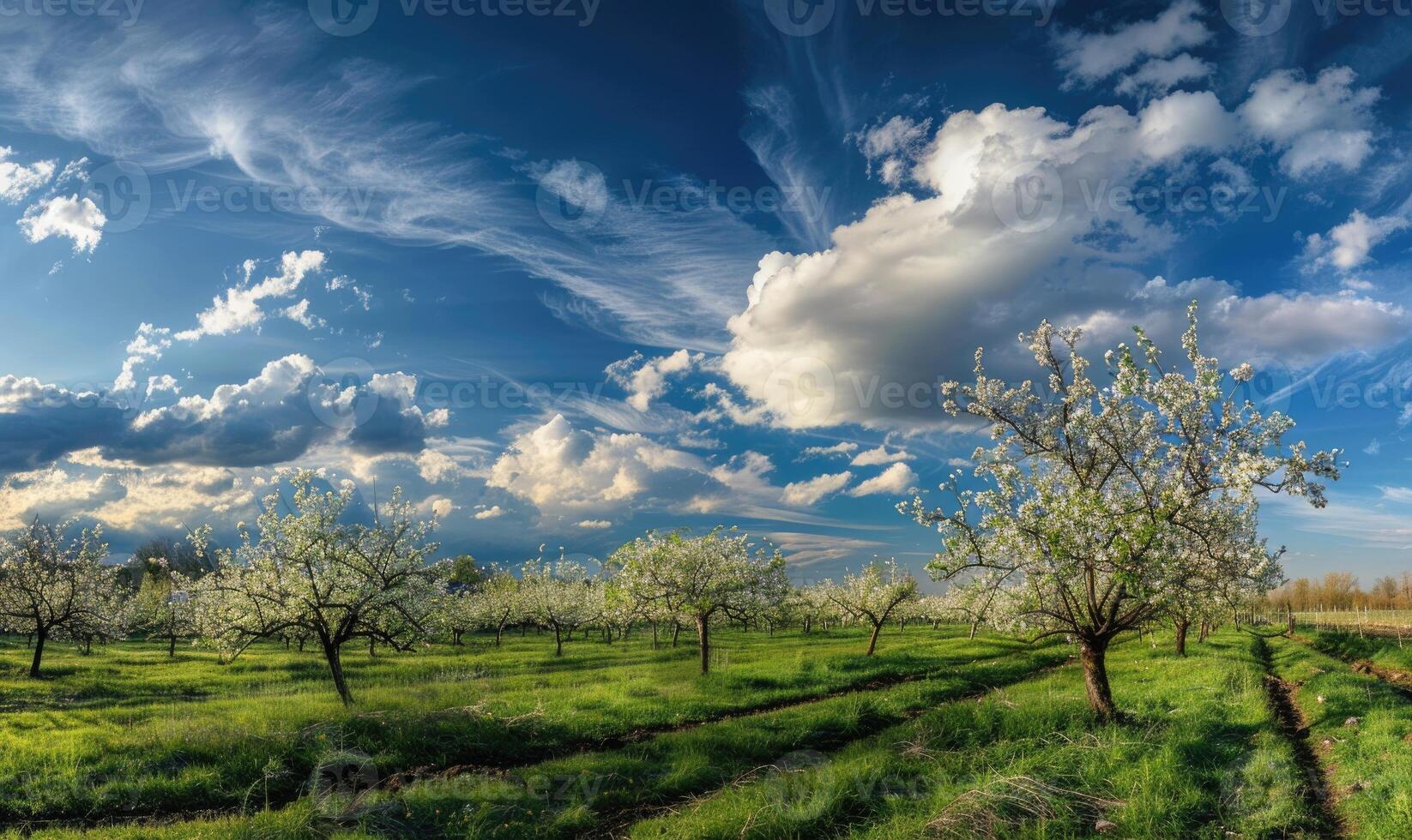 Blue skies over a blooming orchard photo