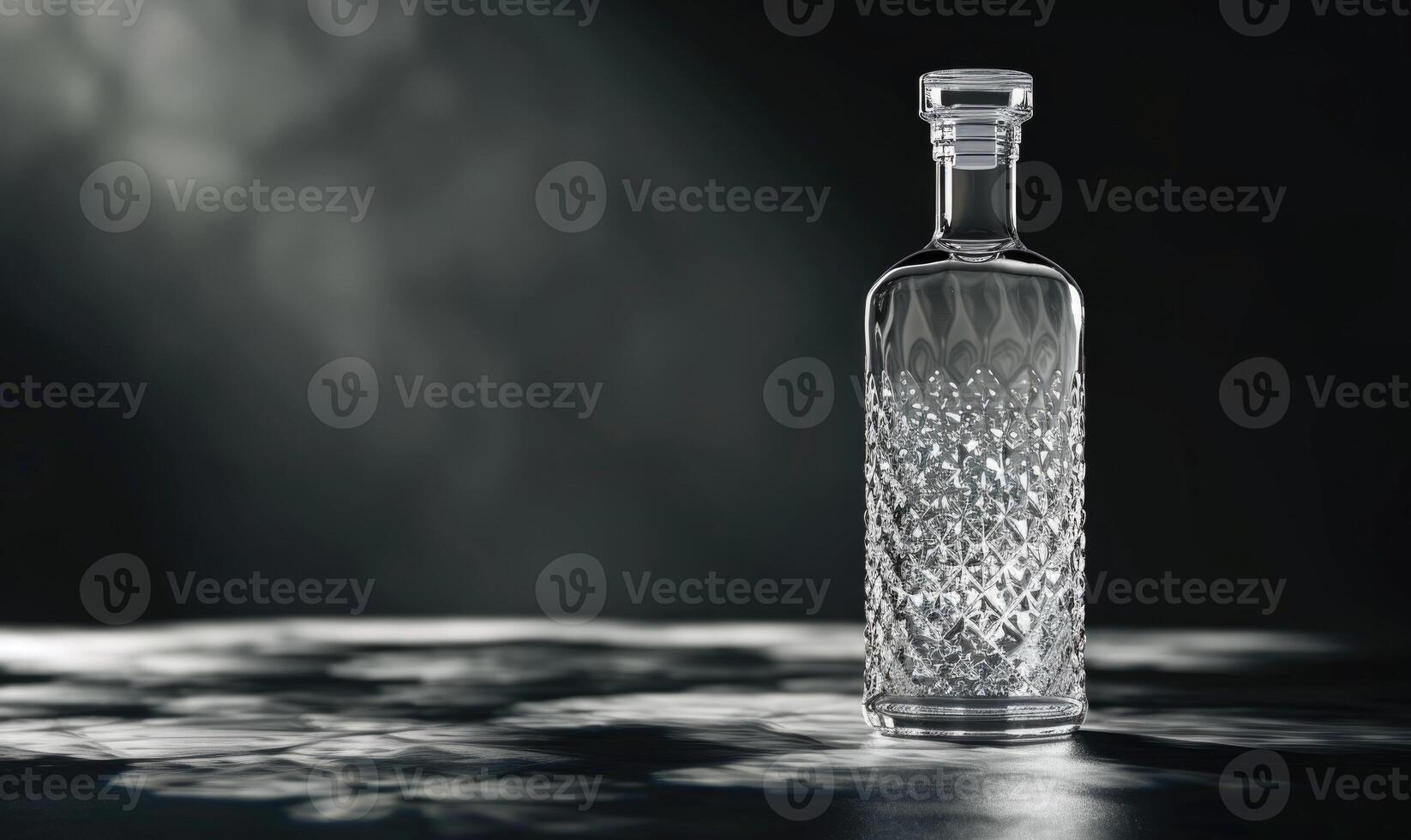 Studio shot of a sleek glass bottle mockup filled with premium vodka photo
