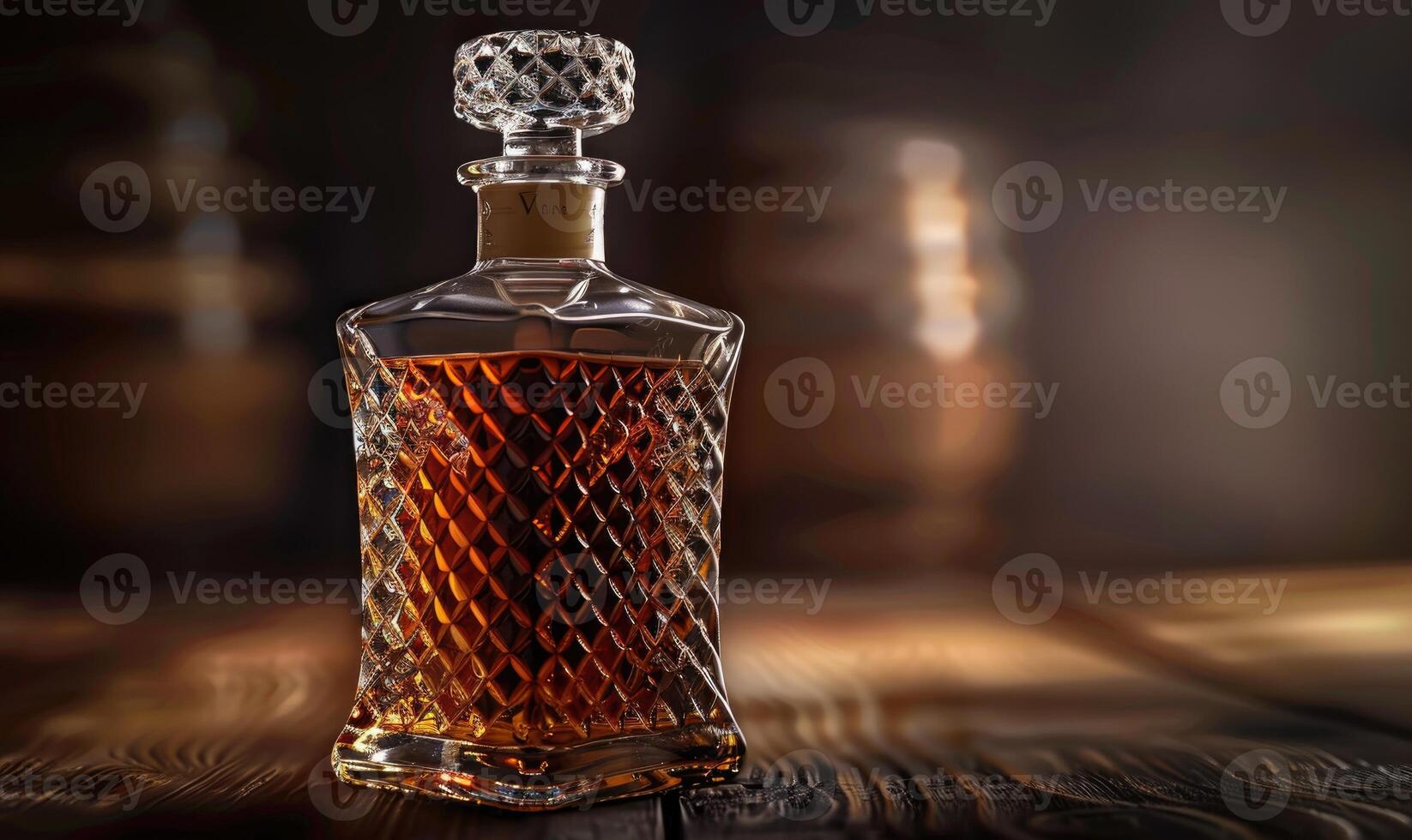 Studio shot of a premium glass bottle mockup containing a luxurious handcrafted whiskey, warm amber hue photo